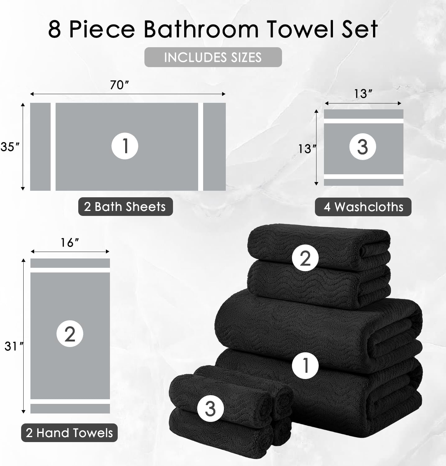 8 Piece Bath Towel Set Black|2 Oversized Large Bath Sheet,2 Hand Towels,4 Washcloths| Ultra Soft Cozy Bath Towel Set for Bathroom Hotel Gym Spa,Highly Absorbent & Quick Dry Bathroom Towel Collections