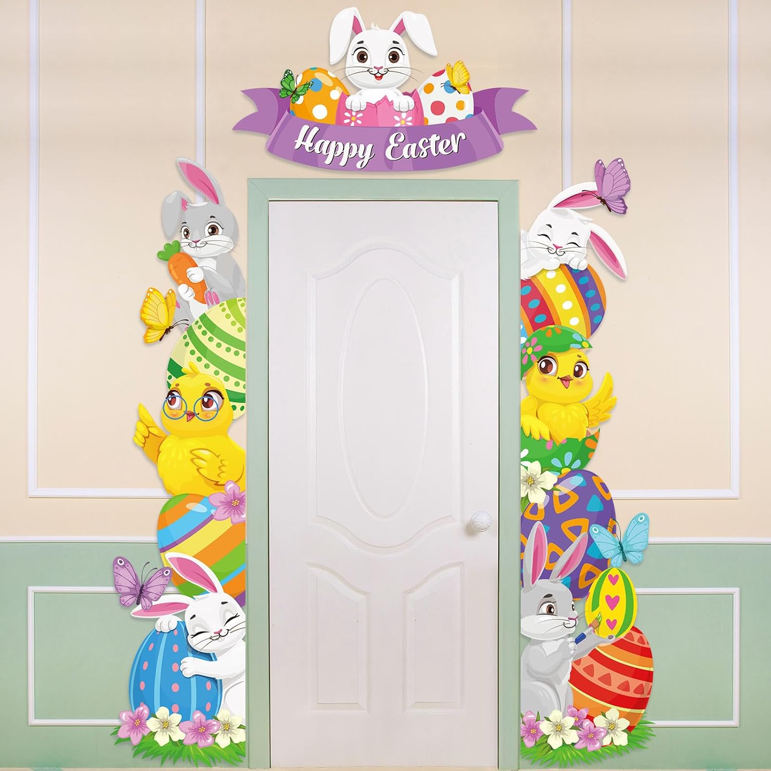 Namalu 3 Pcs Happy Easter Porch Banners Cute Bunny Chicken Egg Door Decorations Easter Porch Sign for Front Door Window Wall Decor Spring Birthday Party Supplies