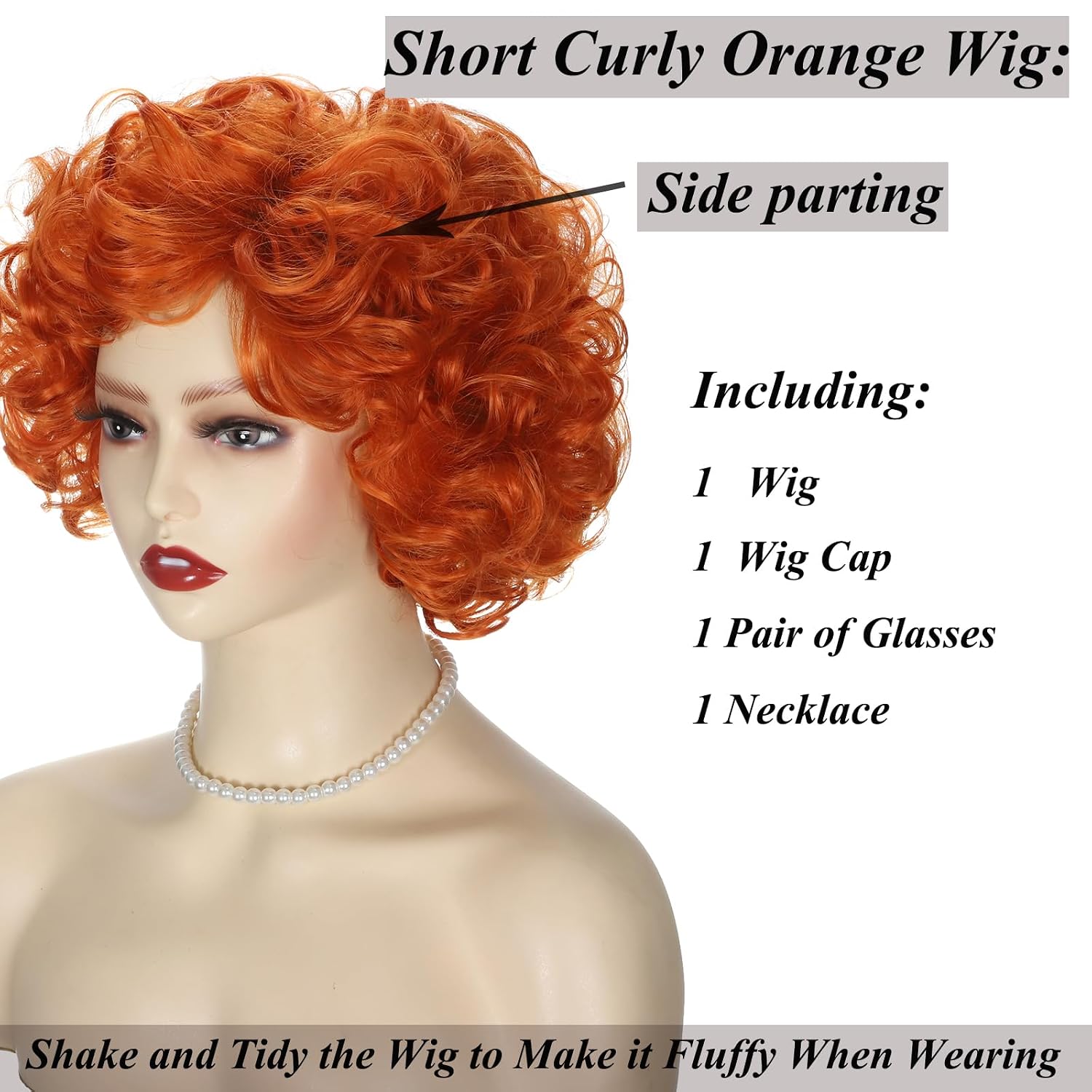 Orange Red Curly Costume Wig for Women with Glasses and Necklace Short Synthetic Hair Wig for 70s Halloween Cosplay & 100 Days of School Party