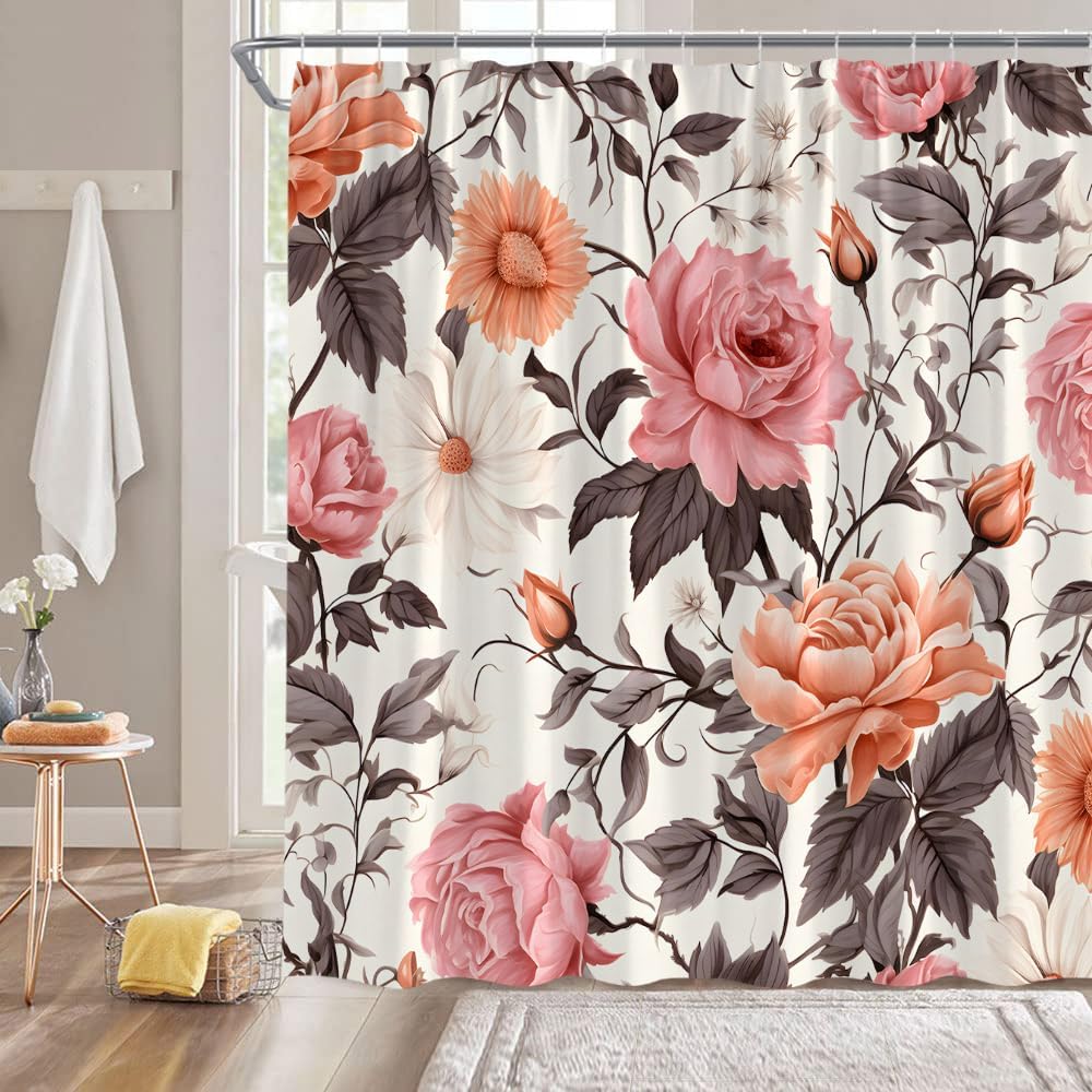 Rustic Floral Shower Curtain Pink Orange Boho Flowers Gray Leaves Spring Vintage Farmhouse Nature Plant Fabric Bathroom Fabric Curtain with Hooks