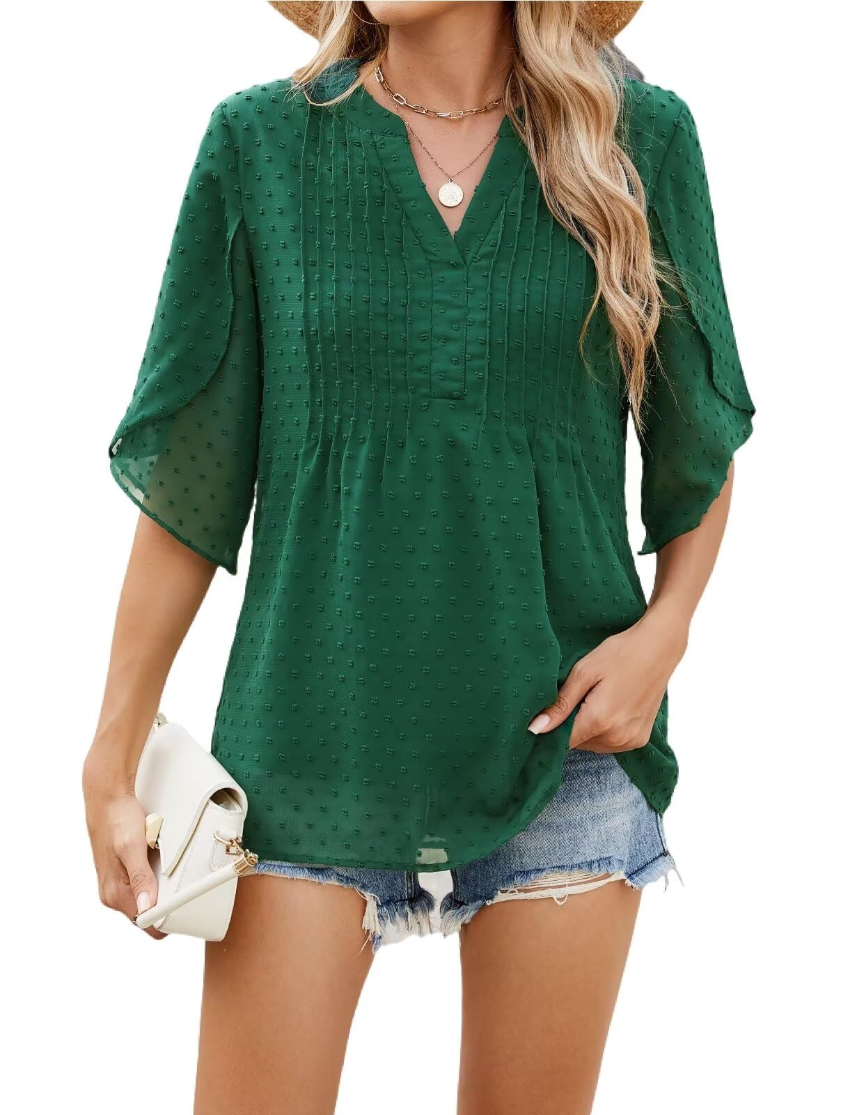 CiCiBird Women 3/4 Sleeve Blouses Casual Pleated Shirt Dressy Double Mesh Layers Tops