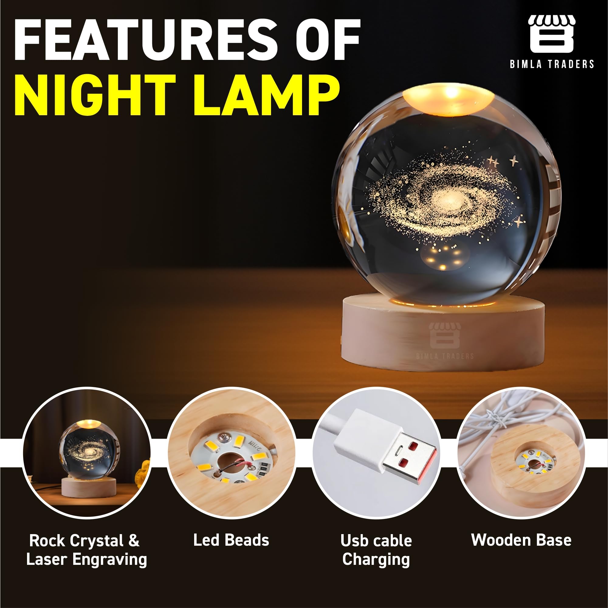 BTfash 3D Milky Way Ball Night Light with Wooden Base for Home Decor, Living Room, Bedrooms Ornament 2