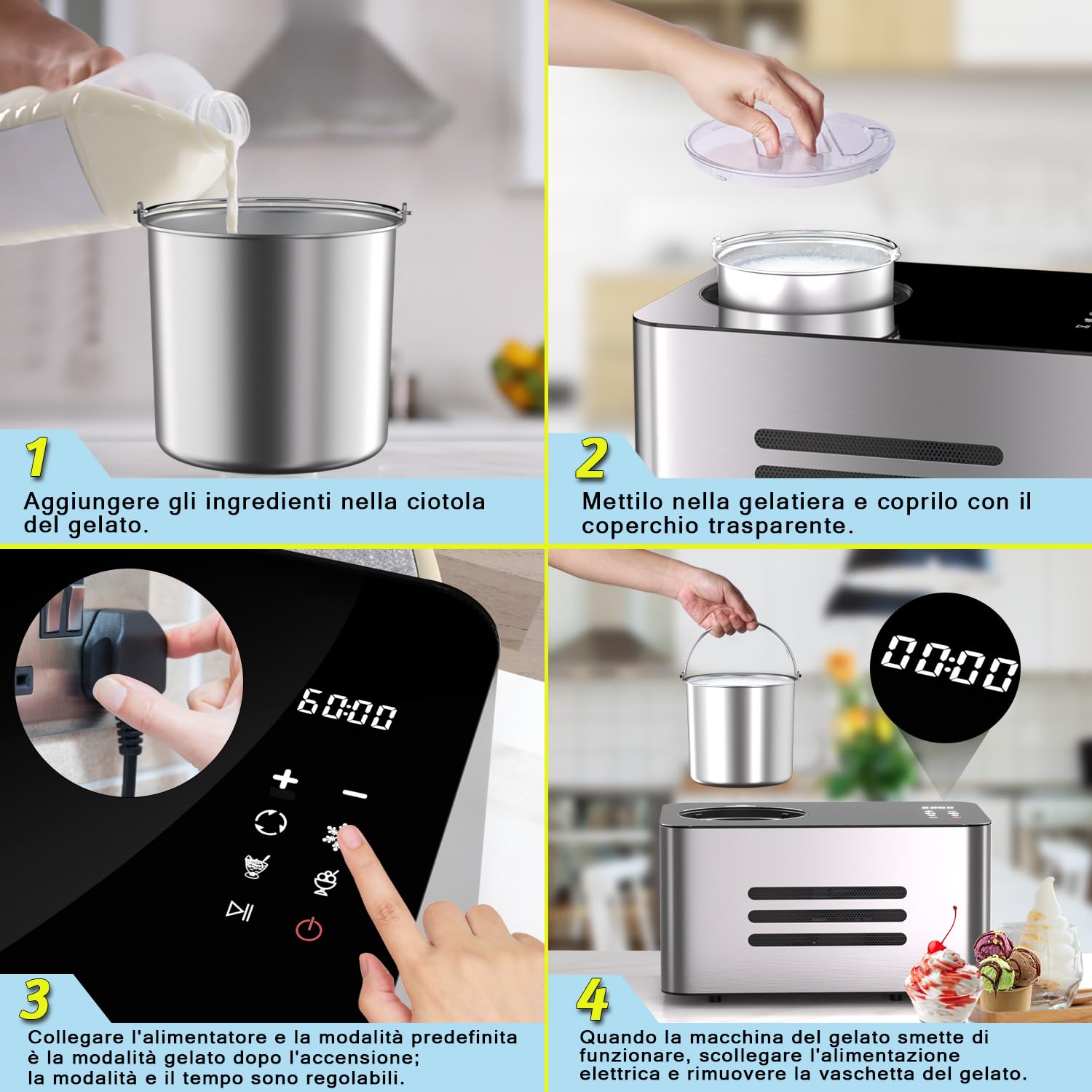 Vpcok Direct Gelatiera 2L con Compressore Macchina per Gelato 150 w Display LED Touch Timer regolabile Gelatiera Autorefrigerante Professionale Cestello Antiaderente per Creme Gelato
