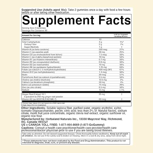 Miniatura 5 de Herbaland Gomitas prenatales veganas  17 vitaminas y minerales para apoyar el embarazo, vitamina A, C, B6, D3, K2, biotina, folato, calcio, azúcar y