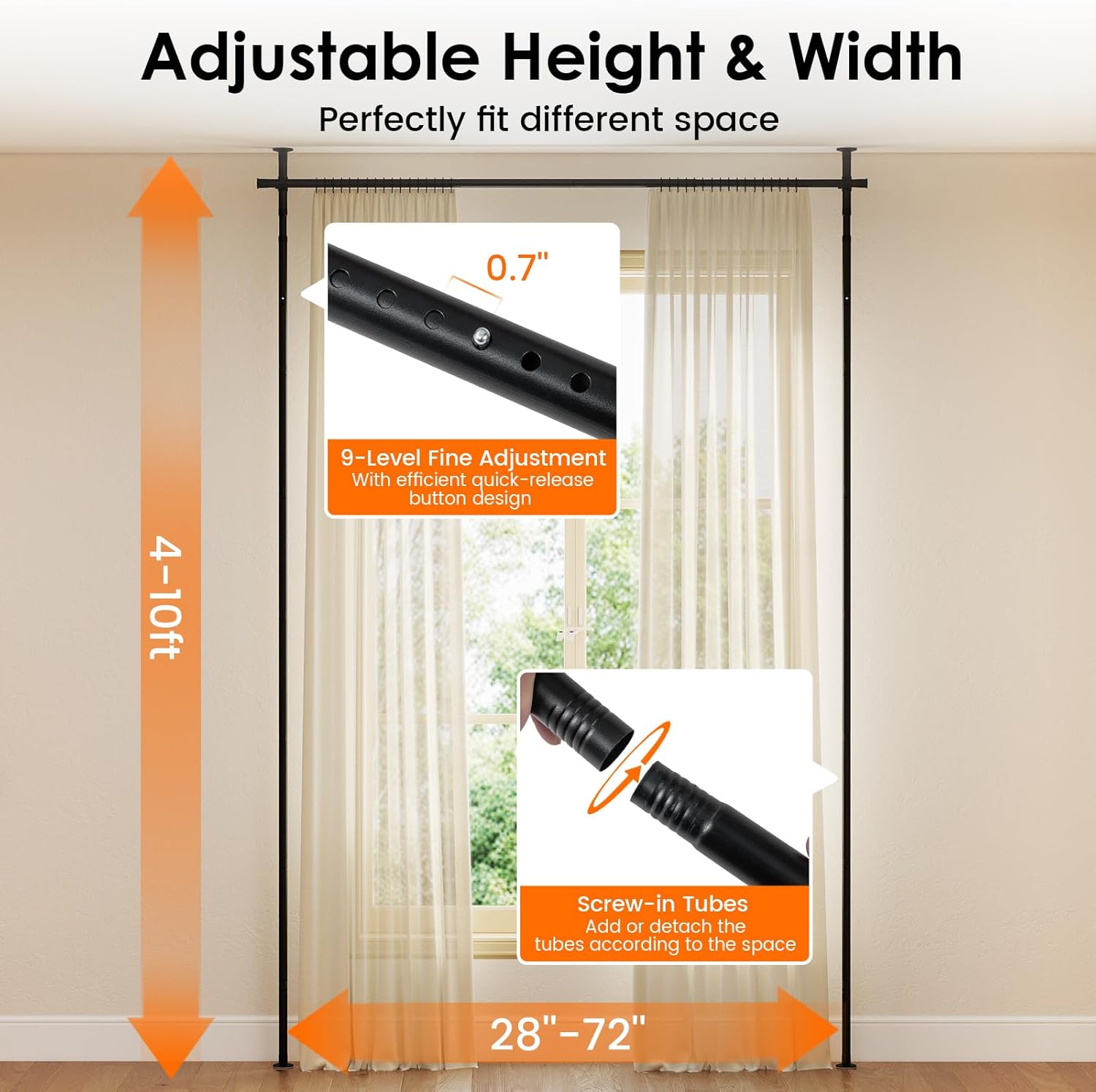 Giantex Room Divider Curtain Rod, No Drill Floor to Ceiling Tension Rod, Adjustable 4-10 ft Height & 28-72 in Width, Heavy Duty Metal Partition Rod for Room Separation in Apartment, Dorm, Studio