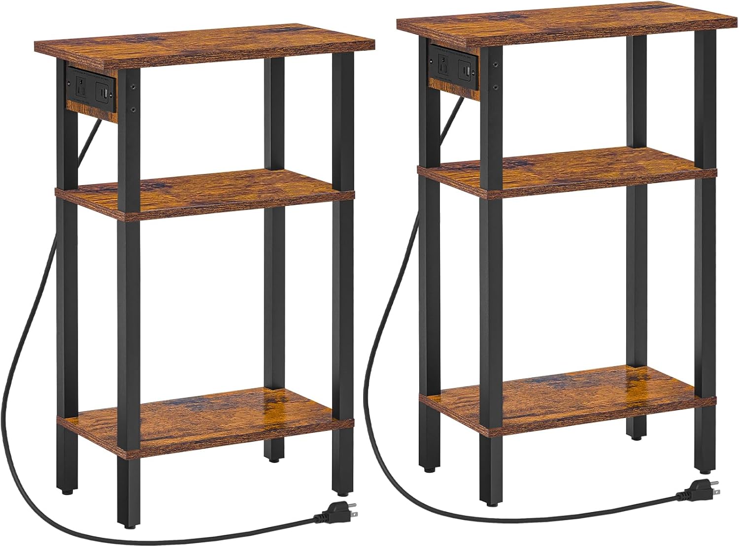 HOOBRO Narrow Side Table, Set of 2, 3-Tier Slim End Table with Charging Station, Skinny Nightstand with Open Storage, for Small Spaces, Living Room, Bedroom, Study, Rustic Brown and Black BF340UBZP201