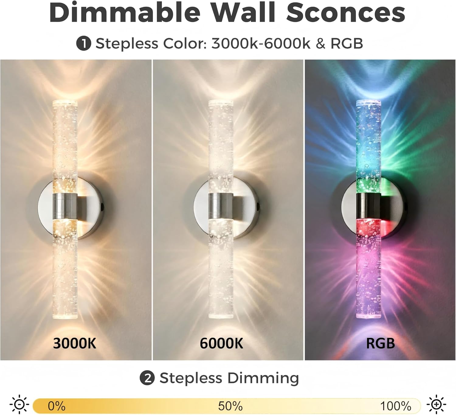 DORESshop Battery Operated Wall Sconces Set of 2, 10000mAh Rechargeable Wall Sconce with Bubble Crystal, 9 Color Dimmable Wireless Wall Sconce, Sconce Wall Decor for Living Room, Bedroom, Nickel 18in