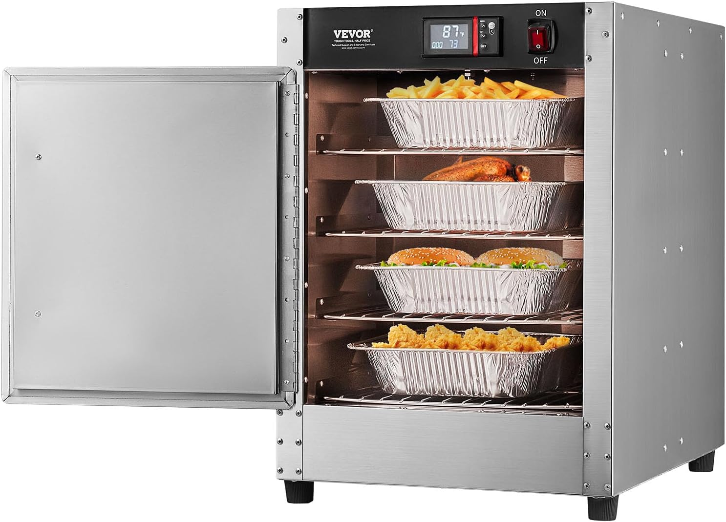 VEVOR Hot Box Food Warmer, 4-Tier Concession Warmer with Water Tray, 4 Pans, Single-Door and Adjustable Shelves, Stainless Steel Food Warmer Cabinet, Ideal for Storing Pizza, Chicken, Restaurant