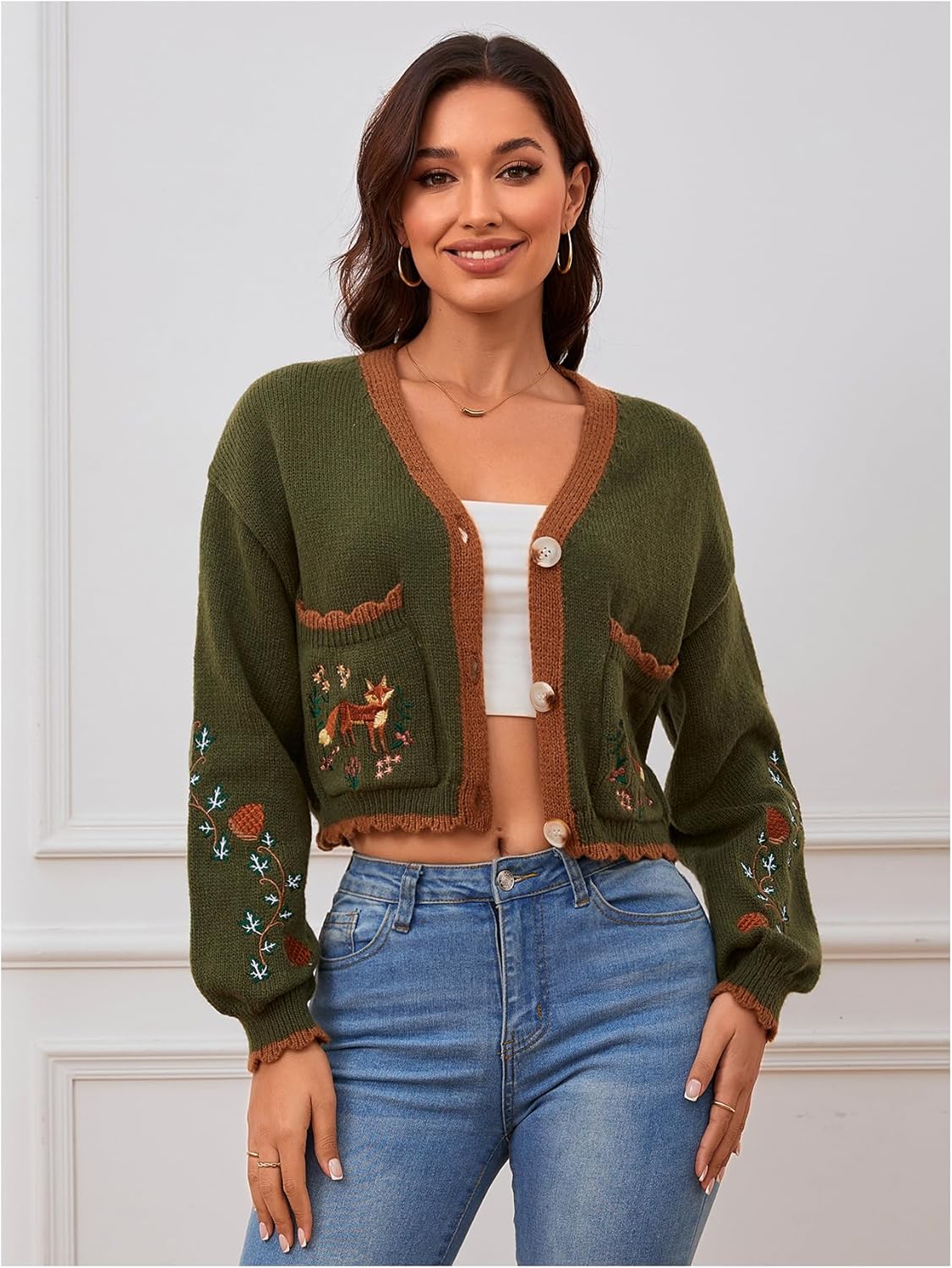 Women's Floral Cropped Cardigan Cottagecore Boho Cardigans Embroidered Open Front Western Sweaters Fall Outwear - Image 5