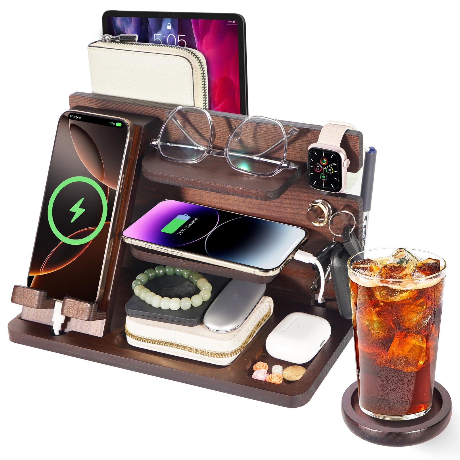 ELEVAT Gifts for Men Christmas Wood Phone Docking Station Desk Organizer Fathers Gifts Anniversary Birthday Gifts for him Xmas Presents for husband Nightstand Key Wallet Stand for Men, Boyfriend, Dad