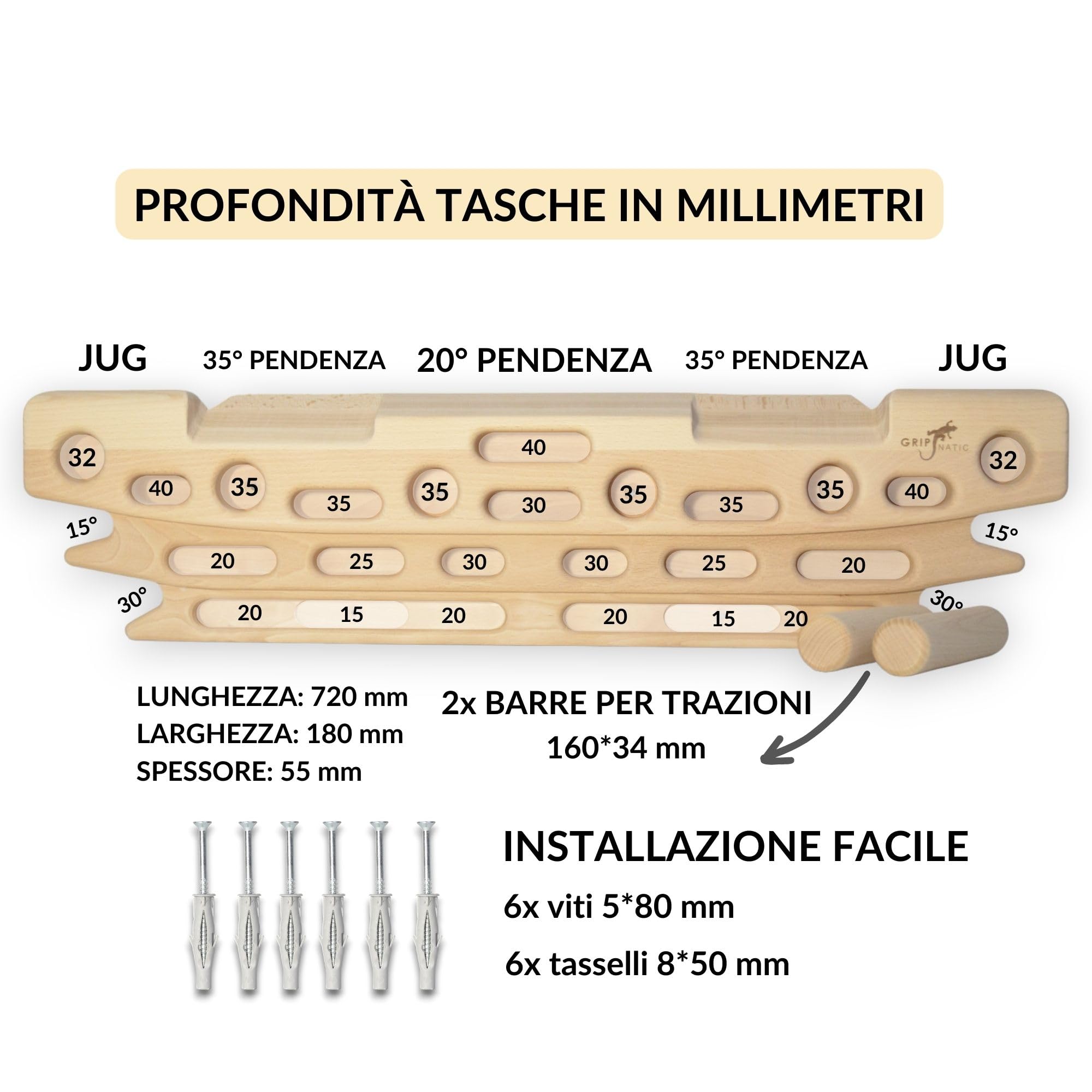 FingerPeg 1.0 Hangboard – Fingerboard a profondità Multipla per Allenamento di Arrampicata – con Barre per Trazioni & Prese Sferiche – capacità di Carico di 120 kg – Design Unico