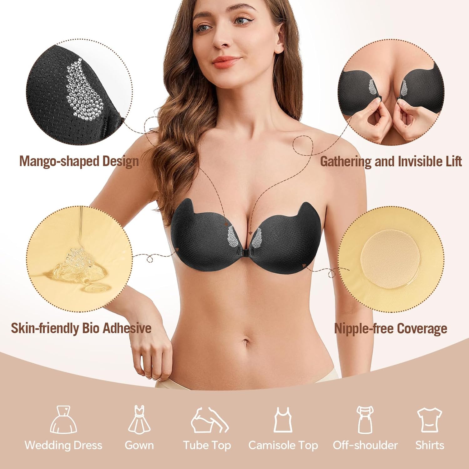 Sticky Bras for Women Push up Seamless Bra Bralettes for Women Strapless Bras Lift with Nipple Cover - Image 3