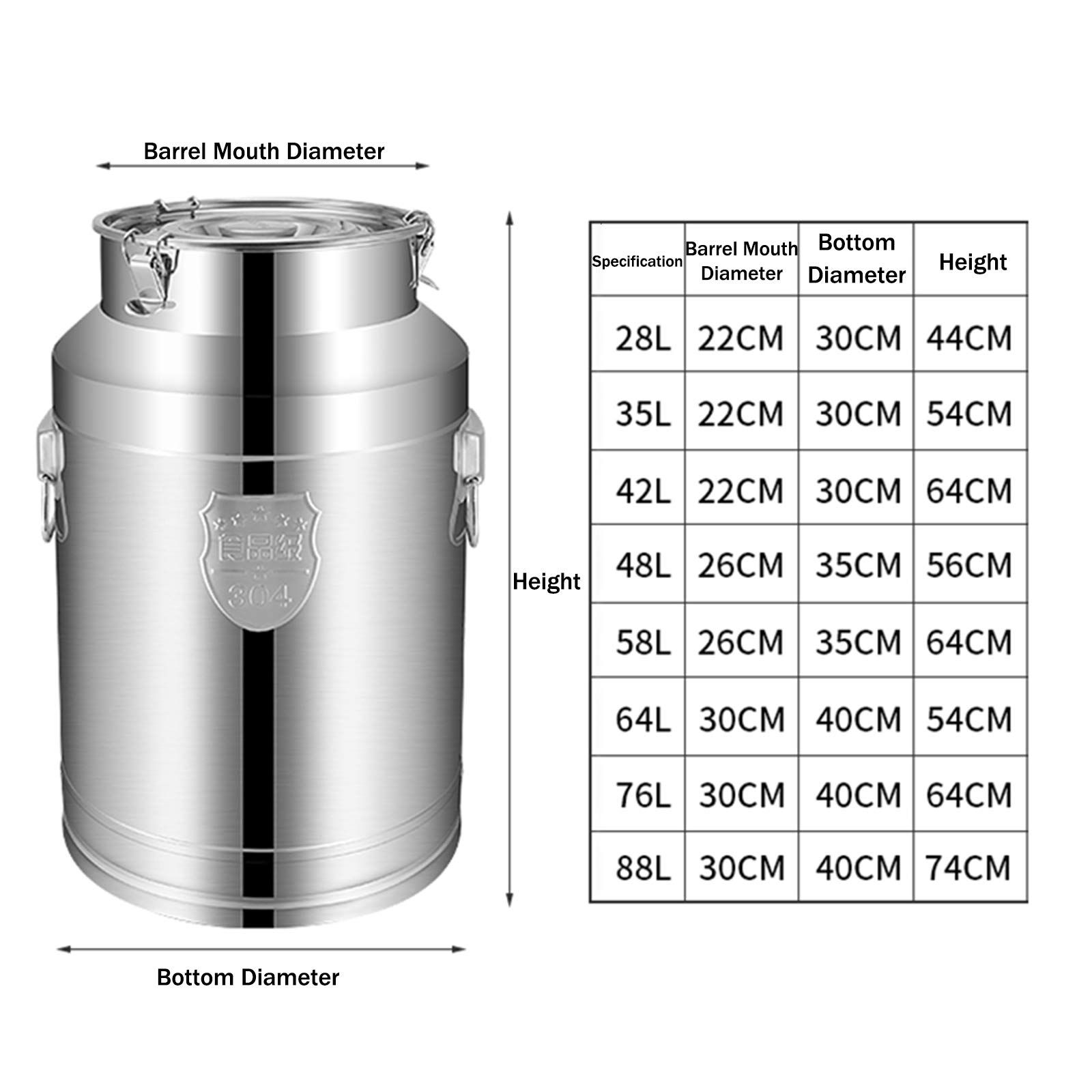 Edelstahl-Milchkanneneimer mit Deckel und Trichter, 76 l Milchtransportfass Weineimer Tote Krug zum Brauen Zuhause Bar