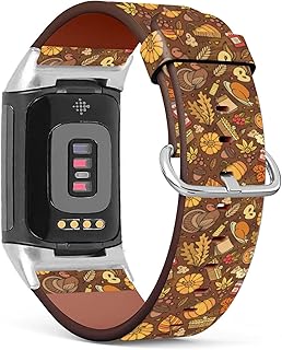Compatible with Fitbit Charge 5, Patterned Leather Replacement Band (Dove, Turkey, Pumpkin and Autumn Leaf Thanksgiving Theme)