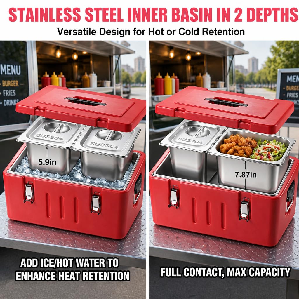 Contenedor comercial para alimentos fríos y calientes de 27 cuartos de galón, 3 recipientes y tapas de acero inoxidable, caja de transporte portátil para catering. (4Grid)