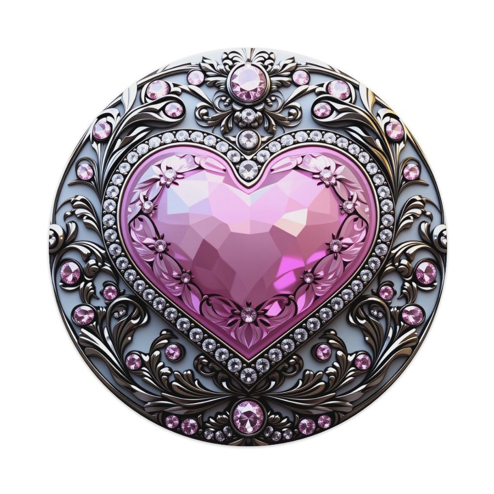 Heart Shape Pink Gemstone Ornate Metal Art Round Vintage Tin Sign,Retro Wall Art,Metal Poster for Home, Bar, Garage, Cafe, Rustic Indoor & Outdoor Decor, 8x8 Inches