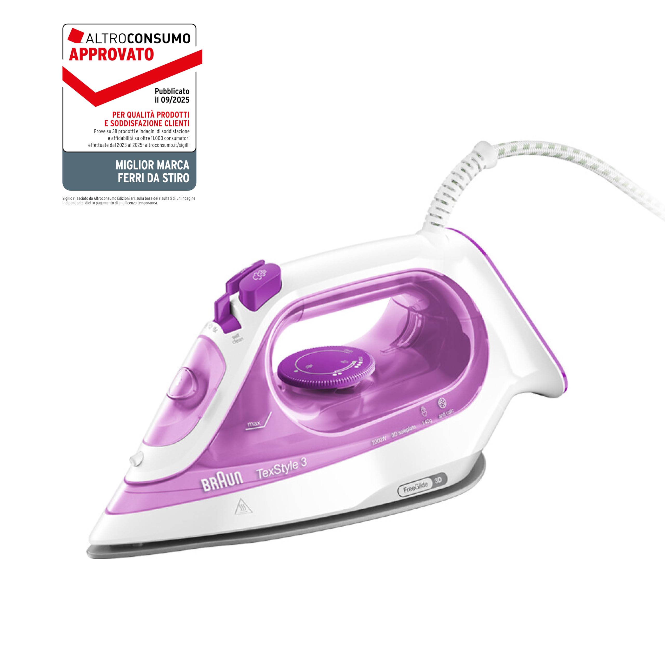 Braun TexStyle3 SI3030PU Ferro da Stiro a Vapore con 5 Anni di Assistenza, Piastra in Ceramica, Stiratura in Verticale, Punta di Precisione, Getto di Vapore 140g/min, Potenza 2300watt, Rosa Chiaro