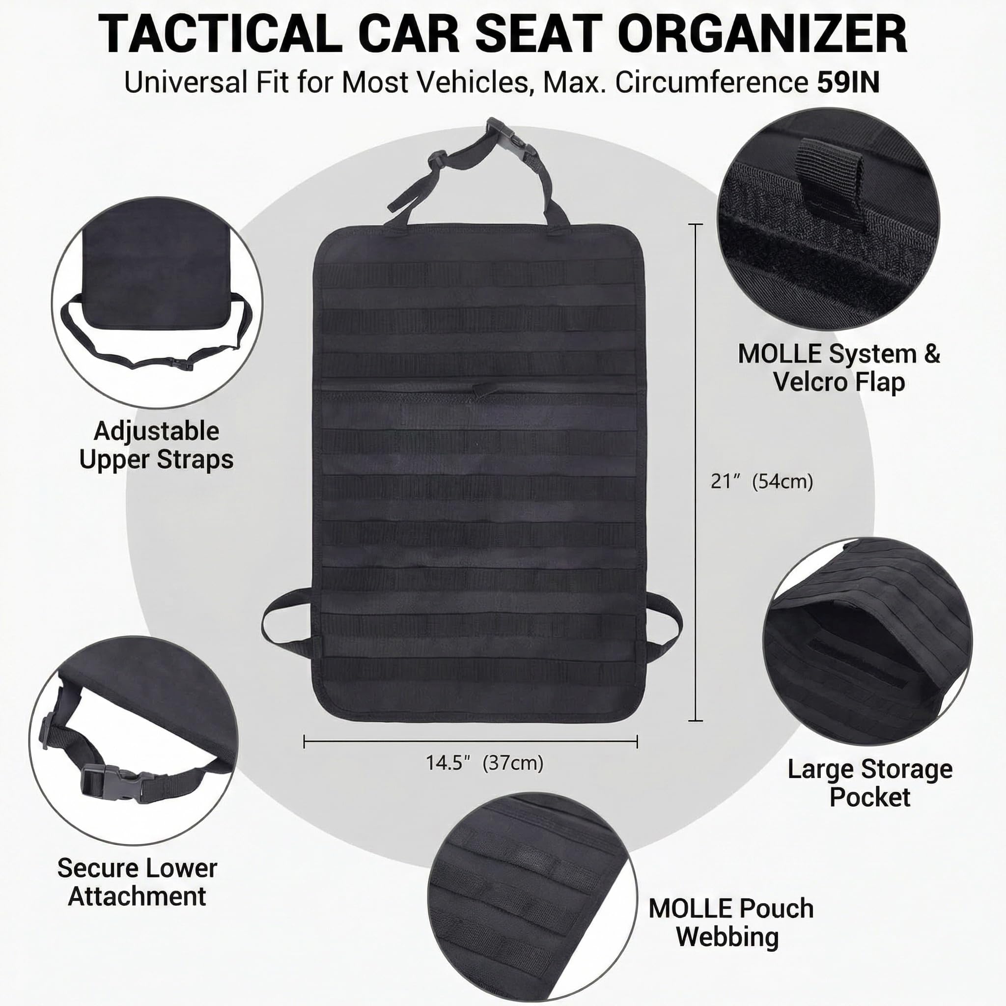 SOONHUA Organizador de asiento de coche táctico con 5 bolsillos Molle desmontables, protector de respaldo para camping, organizador de coche, asiento trasero impermeable