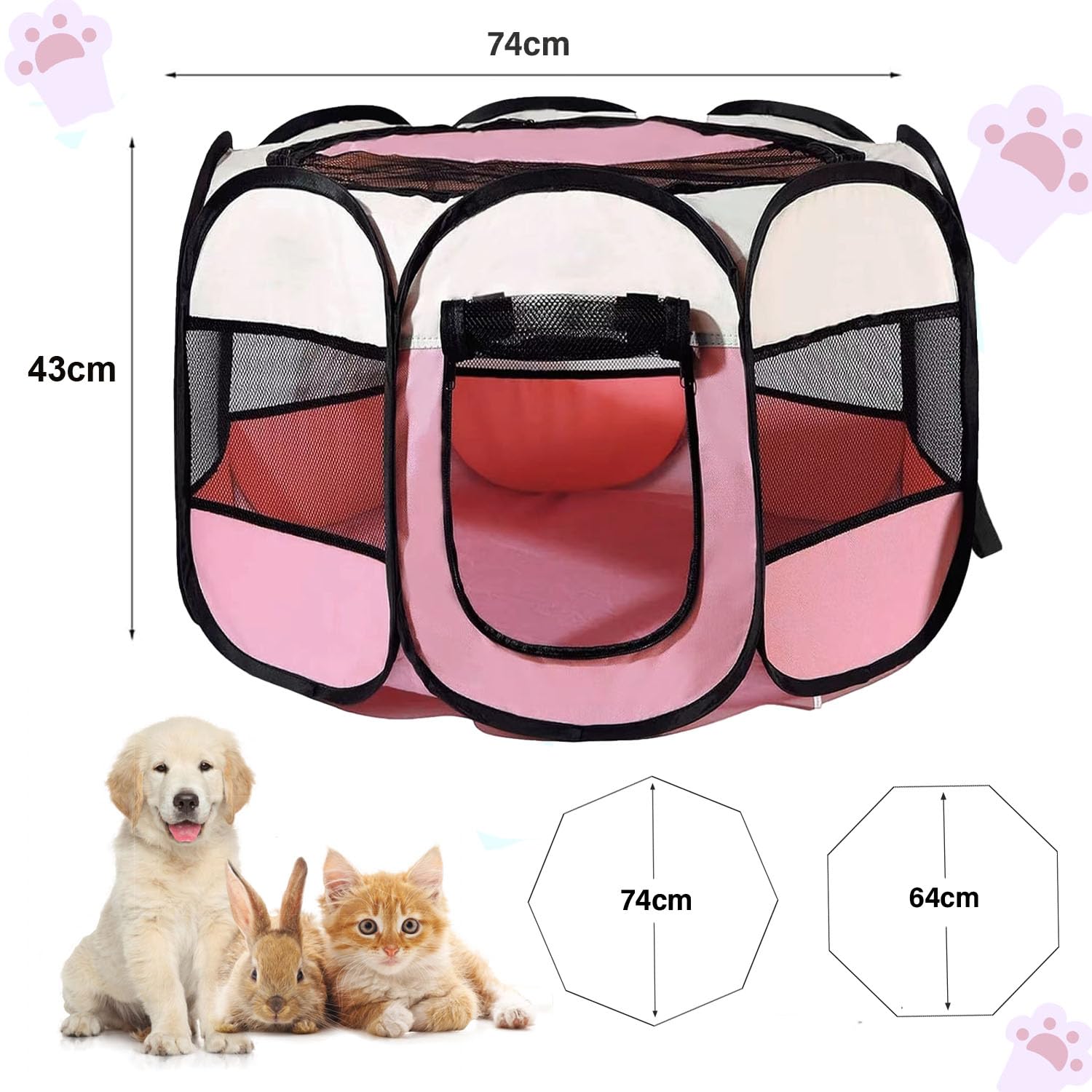 Boîte à Chiots 74 x 74 x 43 cm Pliable pour la Maison, clôture pour Chat, Lapins, intérieur et extérieur (Rouge Rose)