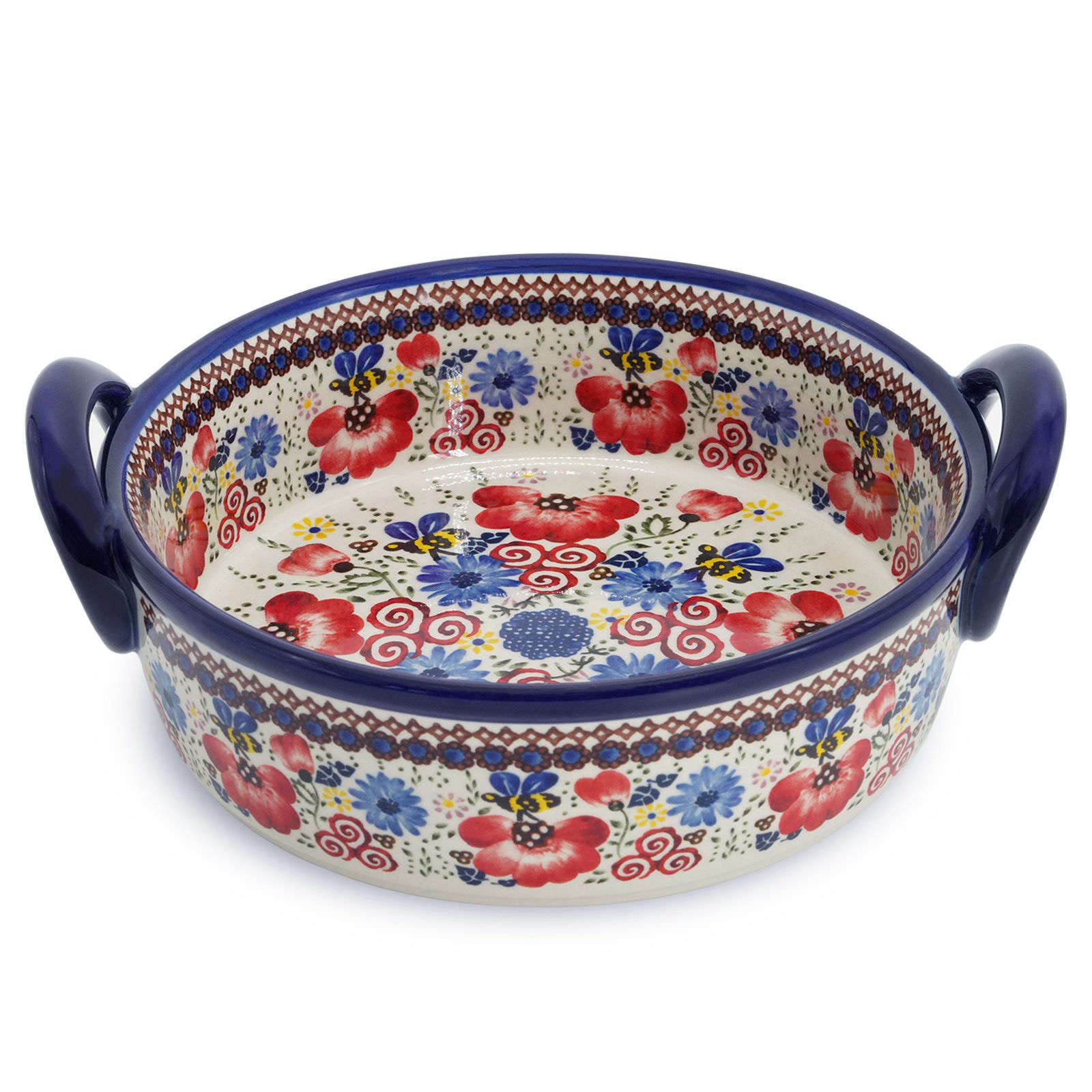 Ceramiczne naczynie do pieczenia do piekarnika, małe naczynie do zapiekania z uchwytami, piec ceramiczny do pieczenia - pszczoła i kwiat okrągły 950 ml