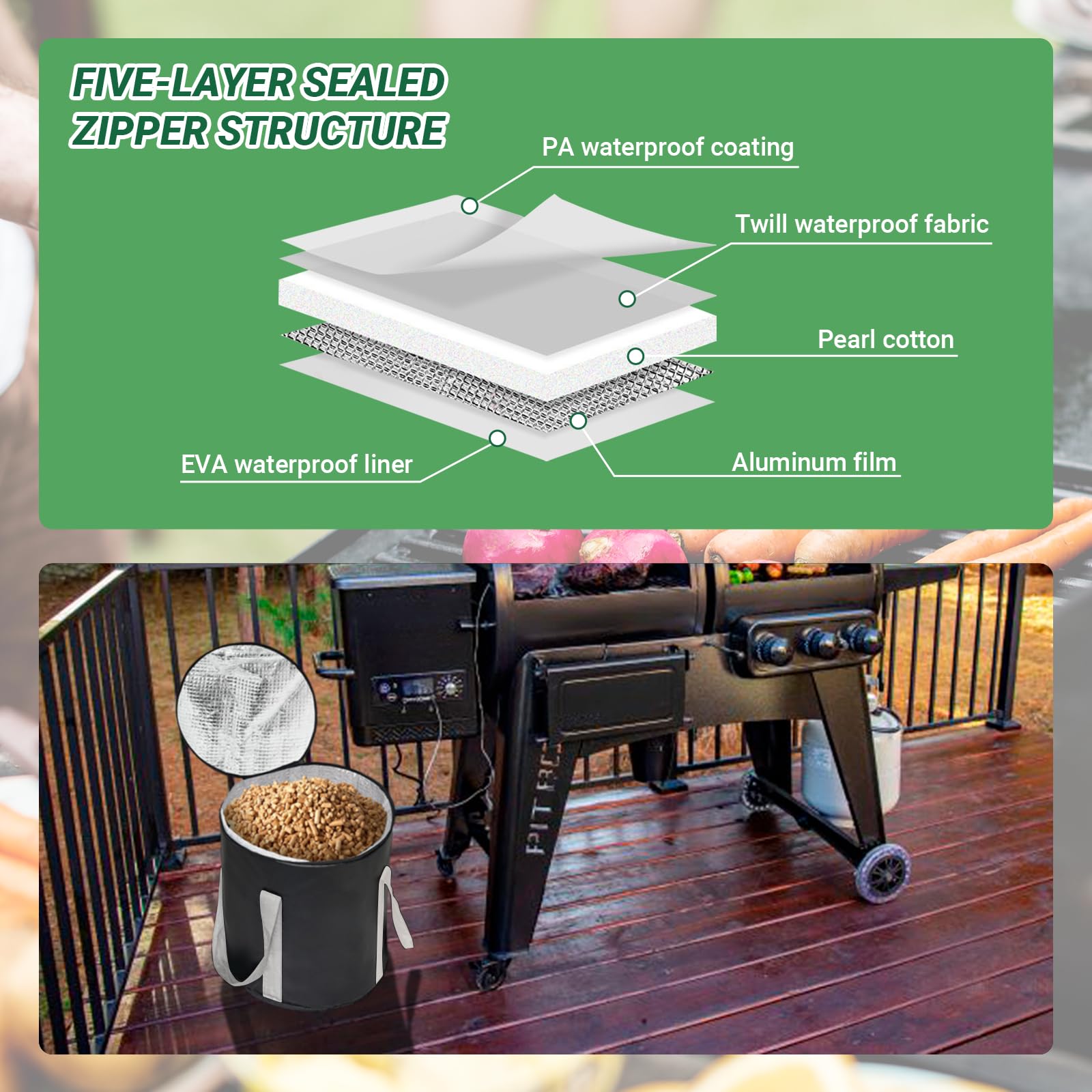 Borsa per pellet di legno da 9,1 kg, contenitore impermeabile per barbecue e affumicatore, mantiene i pellet asciutti, portatile, per barbecue all'aperto (1 pezzo, 9,1 kg)