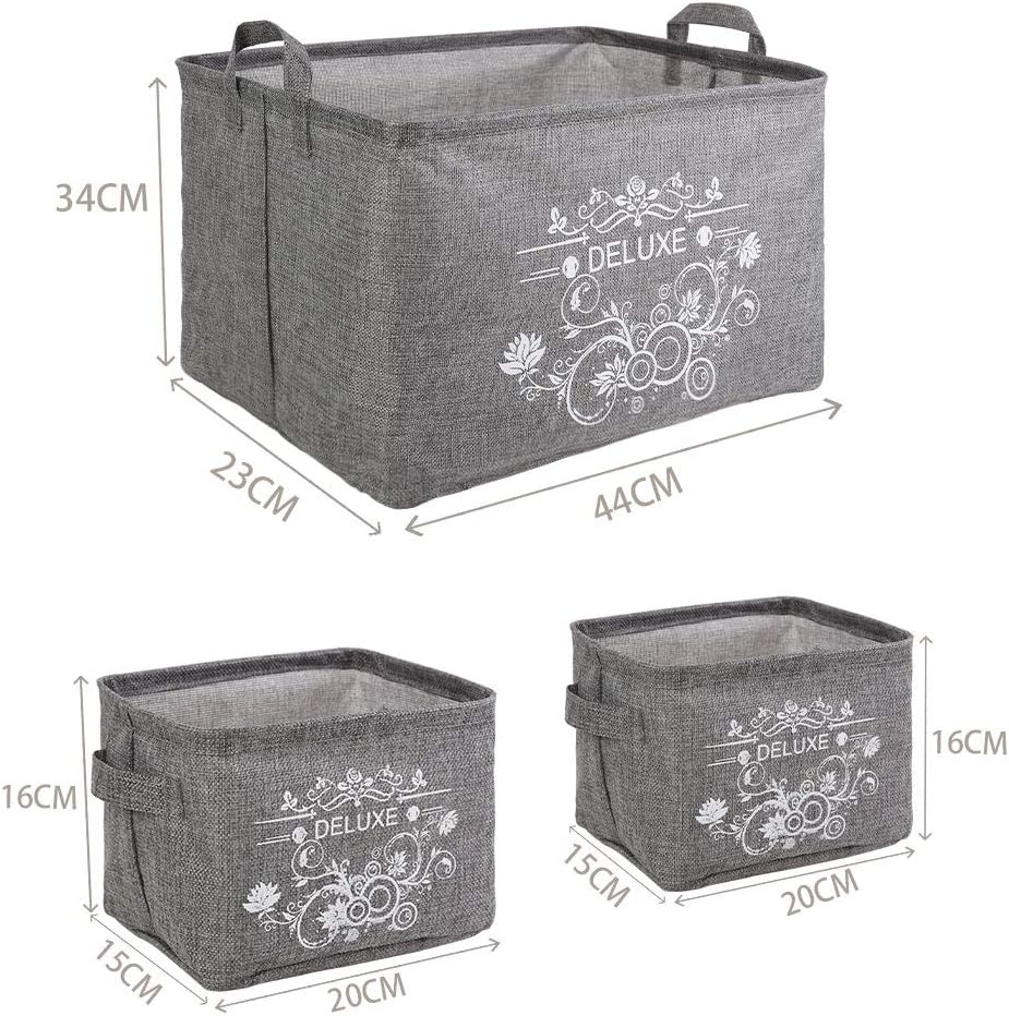 LessMo 3 Pack Square Storage Bins, Collapsible Sturdy Fabric Storage with Handles, Waterproof, Made of Cotton and Linen, for Shelf, Office, Toys, Nursery Home Closet (Deluxe)