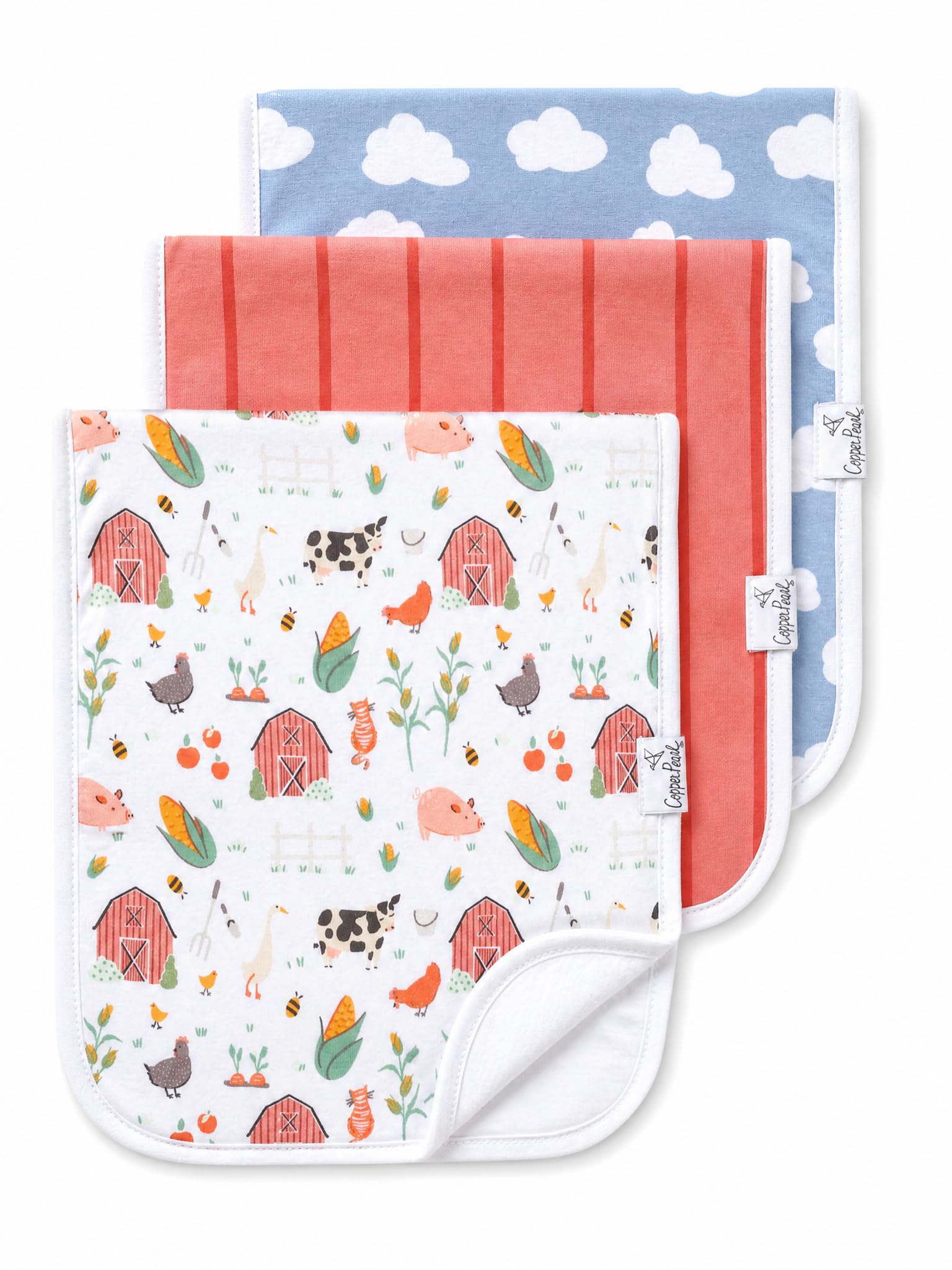 Copper Pearl Premium Baby Burp Cloths - 3-Pack Large Cotton Burp Cloths, Extra Soft Spit Up Rags with 3 Absorbent Layers, Perfect for Baby Boy and Baby Girl Gifts (21" x 10" Size, Farmstead Set)