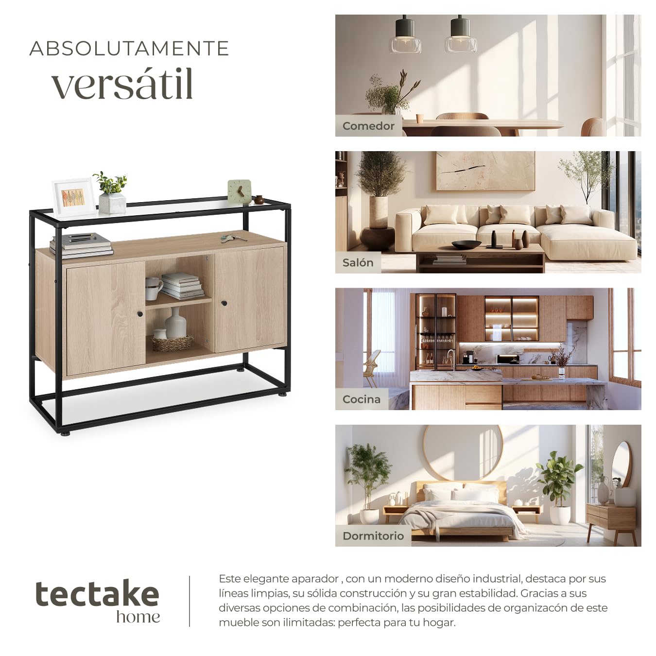 tectake® Mueble TV Salon de Estilo Industrial, Aparador con 2 Armarios y 3 Estantes, Tablero Madera, Muebles Salon, Mesa TV - 100 x 38 x 80,5 cm Madera Industrial Clara, Roble Sonoma