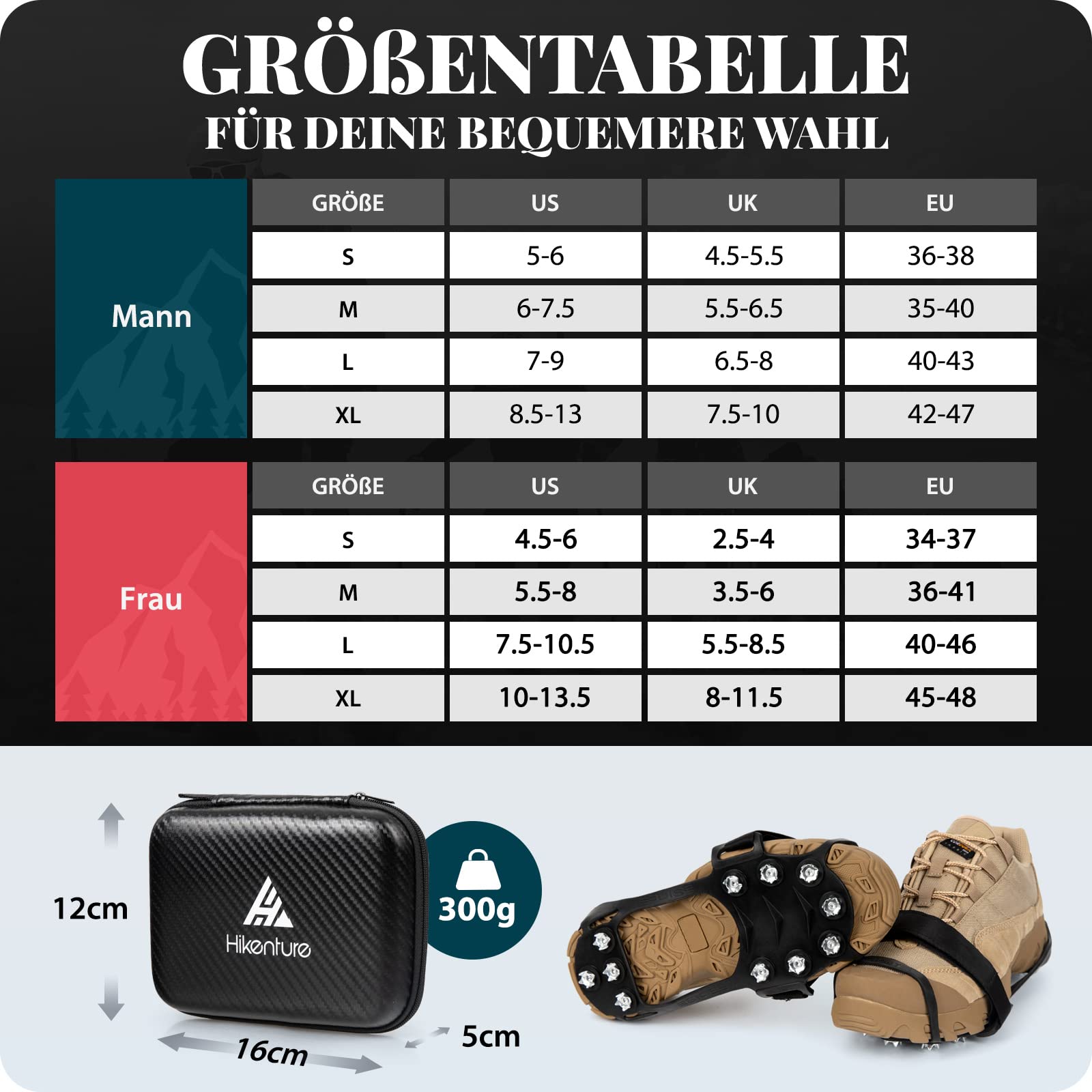 HIKENTURE Grödel Steigeisen für Bergschuhe, Schuhspikes mit 11 Edelstahl Zähne Spikes, Schuhe Spikes Anti Rutsch, Crampons, Ice Klampen für Wandern, Trekking, Schnee, EIS, Winter Outdoor