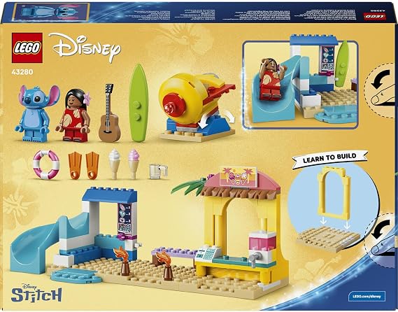 LEGO Disney Lilo ve Stiç ile Plaj Eğlencesi 43280 | 4 Yaş ve Üzeri Çocuklar için 2 Karakter ile Sörf Dükkanı ve Sahne İçeren Oyuncak Yapım Seti, Hediye Fikri (113 Parça)