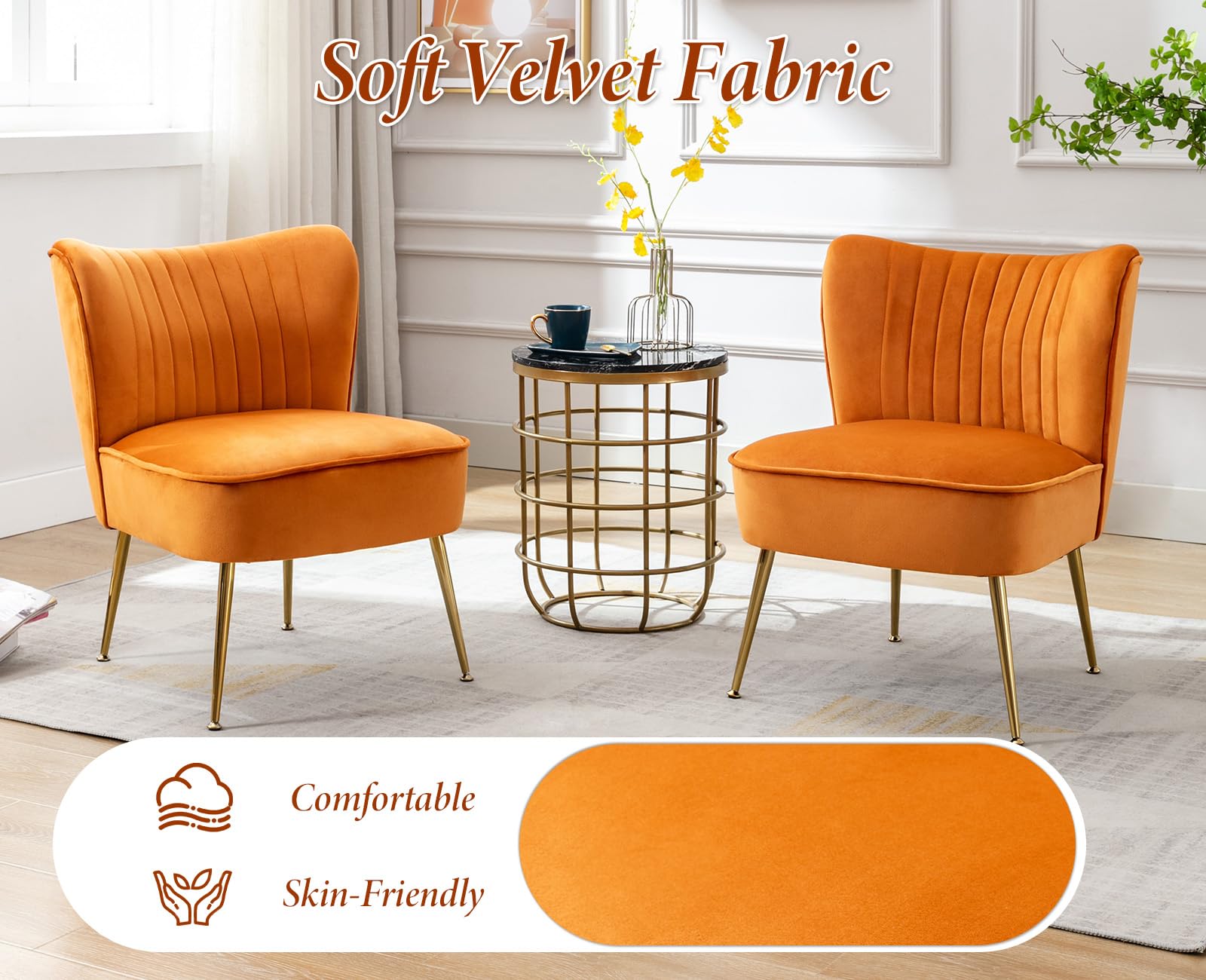 chairus Poltrona da Salotto in Velluto Sedia Imbottita Senza Braccioli Poltroncina Lounge con Gambe in Metallo Poltrone Moderne Design per Camera da Letto/Soggiorno, Arancio