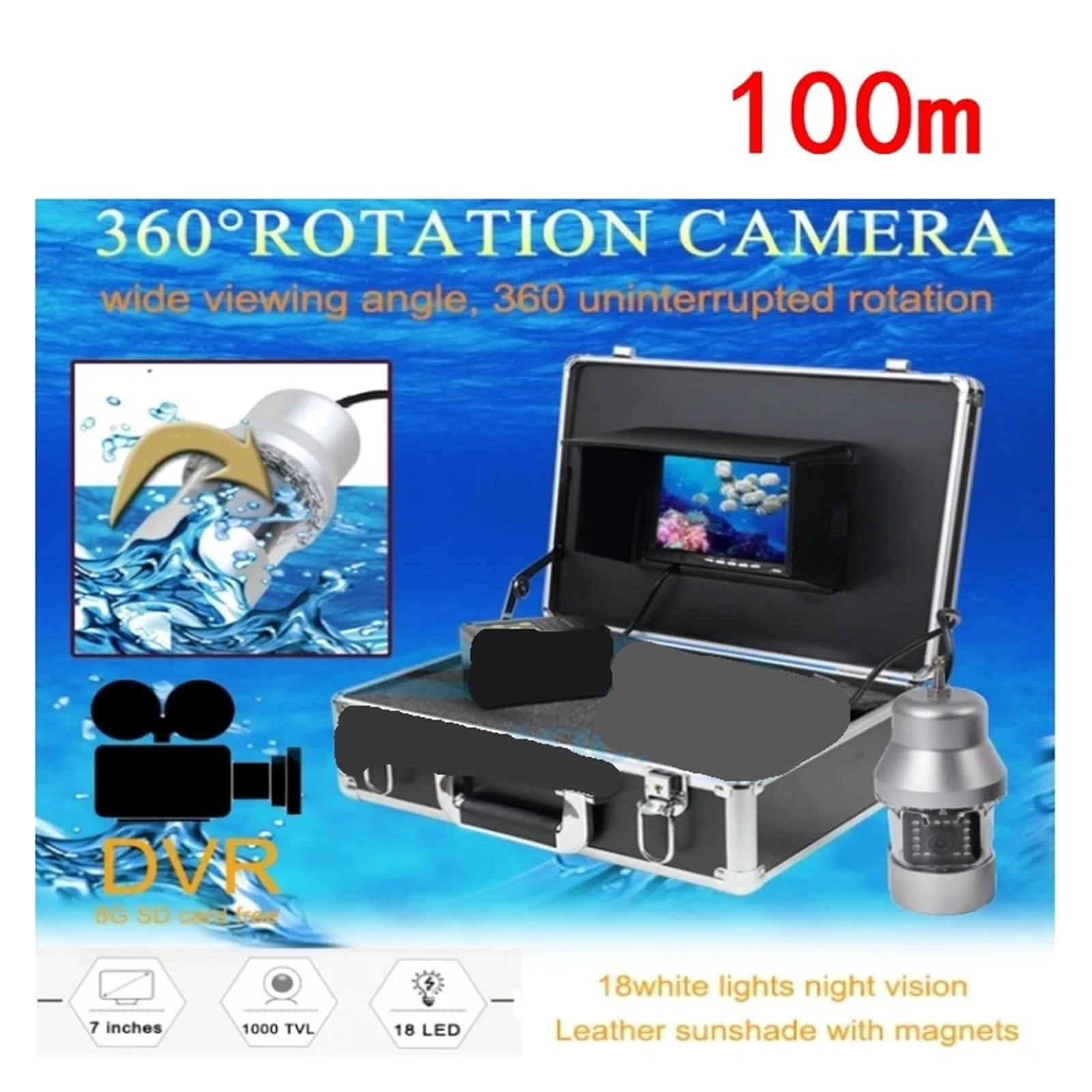 100m 7"LCD Fish Finder Fotocamera subacquea Kit fotocamera da pesca rotante 360 gradi,Alta definizione