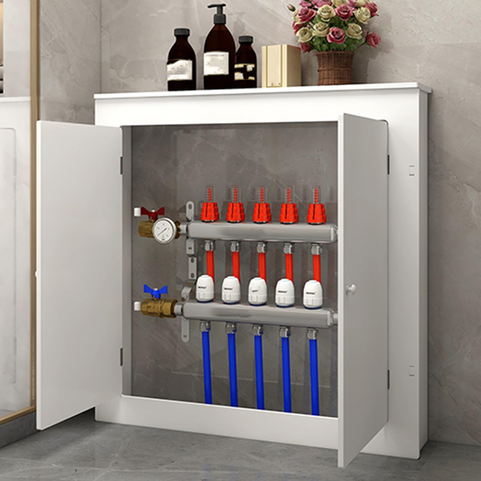 Elegante armario de madera para radiador con panel de acceso, doble puerta, almacenamiento magnético, diseño de mortaja y espiga, perfecto para sala de estar y baño, color blanco (32 x 40 x 8 pulgadas