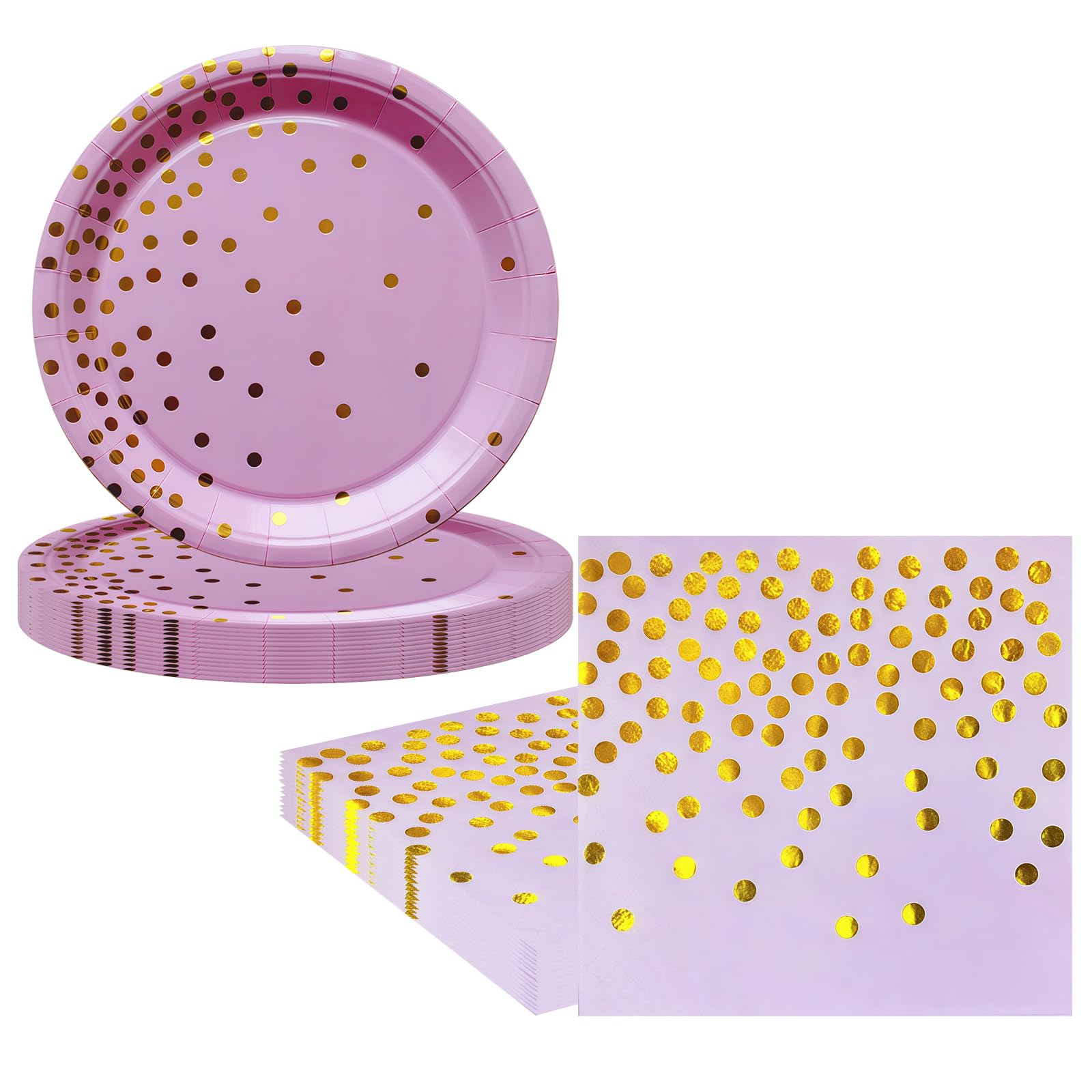 20Pcs Purple Gold Paper Plates and Napkins Party Tableware Set,Scalloped Dot Birthday Paper Dessert Cake Plates Serviettes Disposable Tableware Set for Her Him Girls Women Baby Shower Table Decor