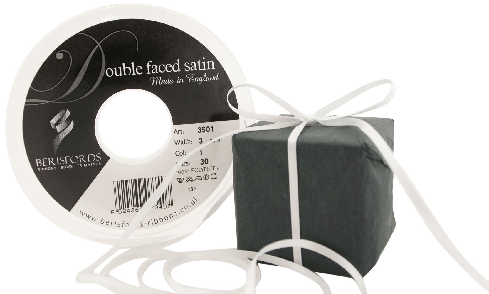Berisfords White Double Satin Ribbon, 30 M, Berties's Bows, Packaging May Vary