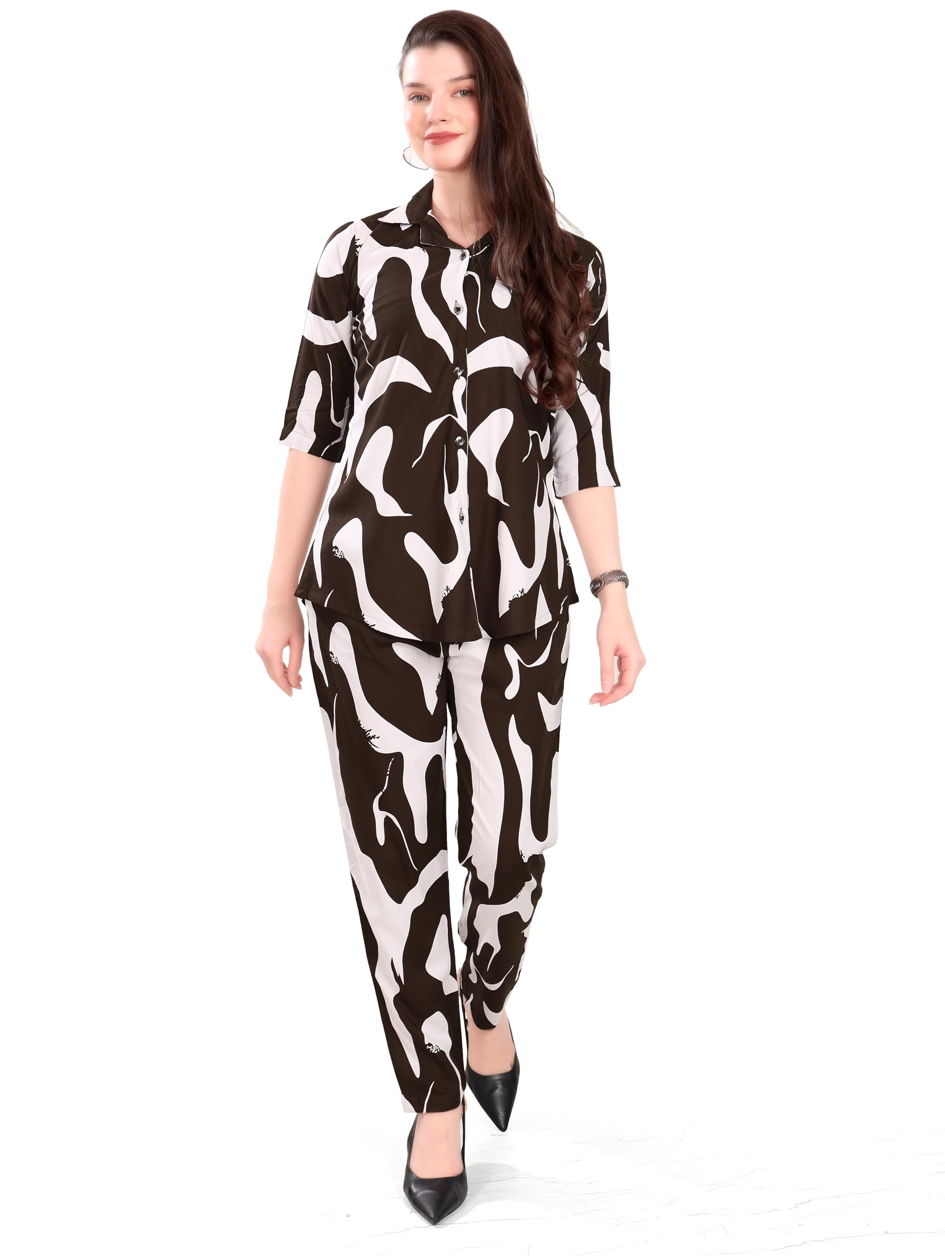 slumberbe Stylish Co-ord Set for Women – Trendy Travel Outfit | Shirt and Pant for Holiday Look & Puja | Hangouts | Picnic | Vacation Wear | Ethnic | Full Sleeve Women Dress | Brown-picture-47