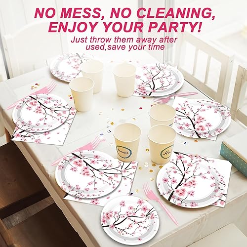 Miniatura 7 de Juego de 100 piezas de suministros de fiesta de cerezo en flor de cerezo, platos y servilletas para fiesta de cumpleaños, paquetes de vajilla para