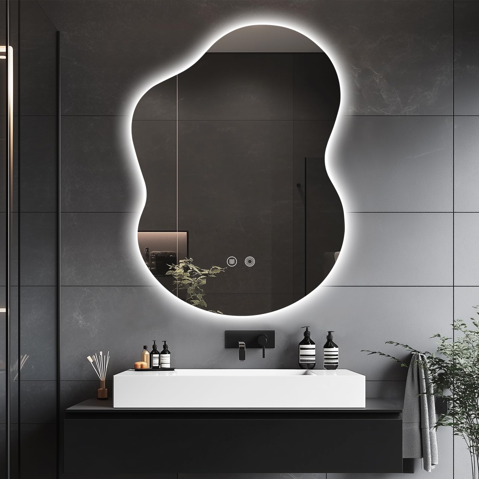 Photo 1 of 39F USA 30"x22" Irregular LED Bathroom Mirror with Front & Backlight, Anti-Fog, Dimmable, 3 Color Modes, Wall-Mounted [Horizontal/Vertical]