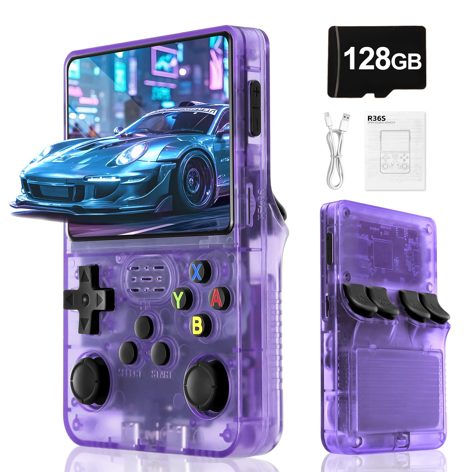 Blidinner R36S Retro Handheld Video Game Console -Linux System,3000mAh Battery,3.5 Inch Screen,128G TF Card,30000+ Classic Games,Portable Game Console for Present to Give Friends for Christmas-Purple