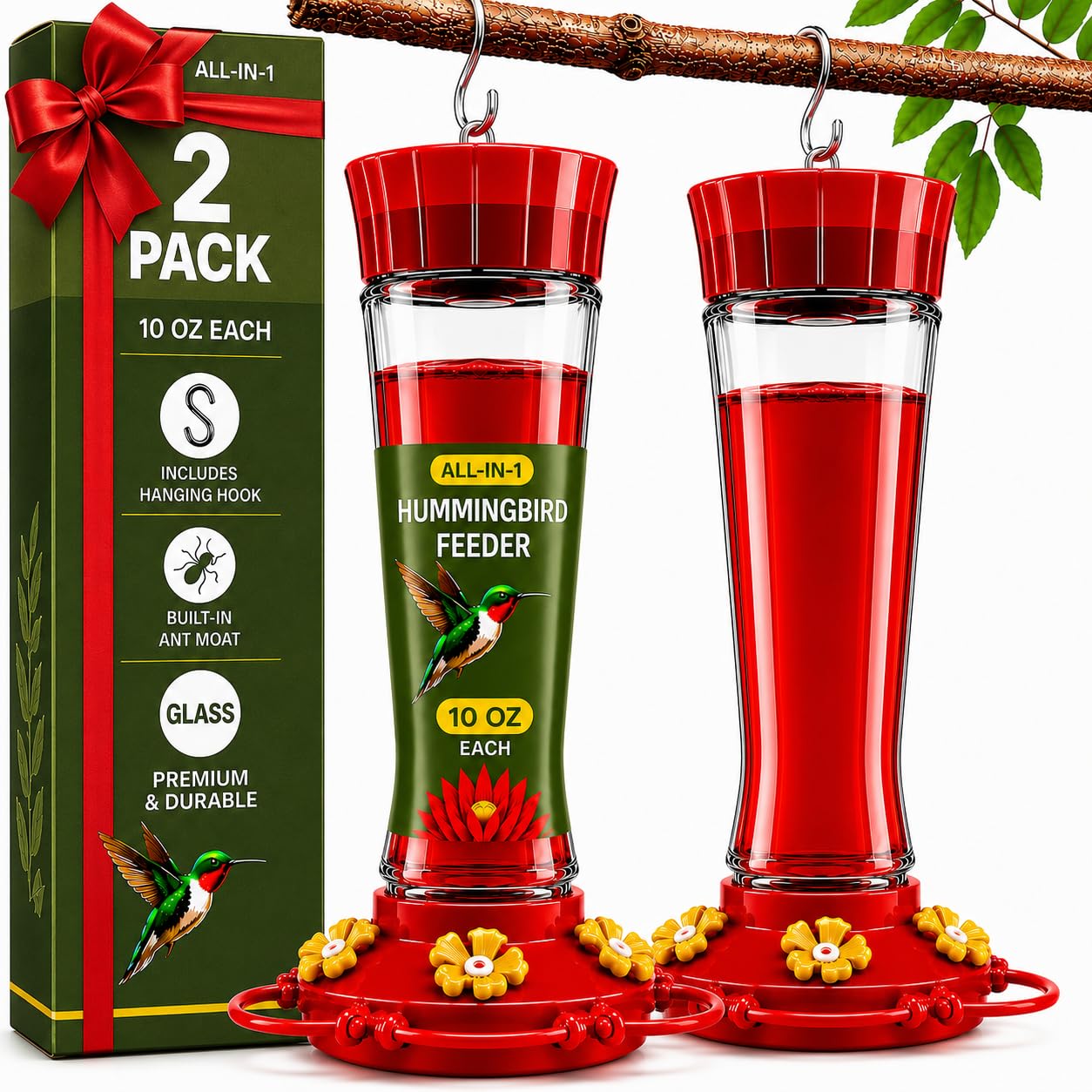 Comedero de colibrí de 10 onzas [Juego de 2] comederos de Vidrio para Exteriores, con Protector de Hormigas Integrado, Percha Circular con 5 Puertos de alimentación, Boca Ancha para un fácil llenado