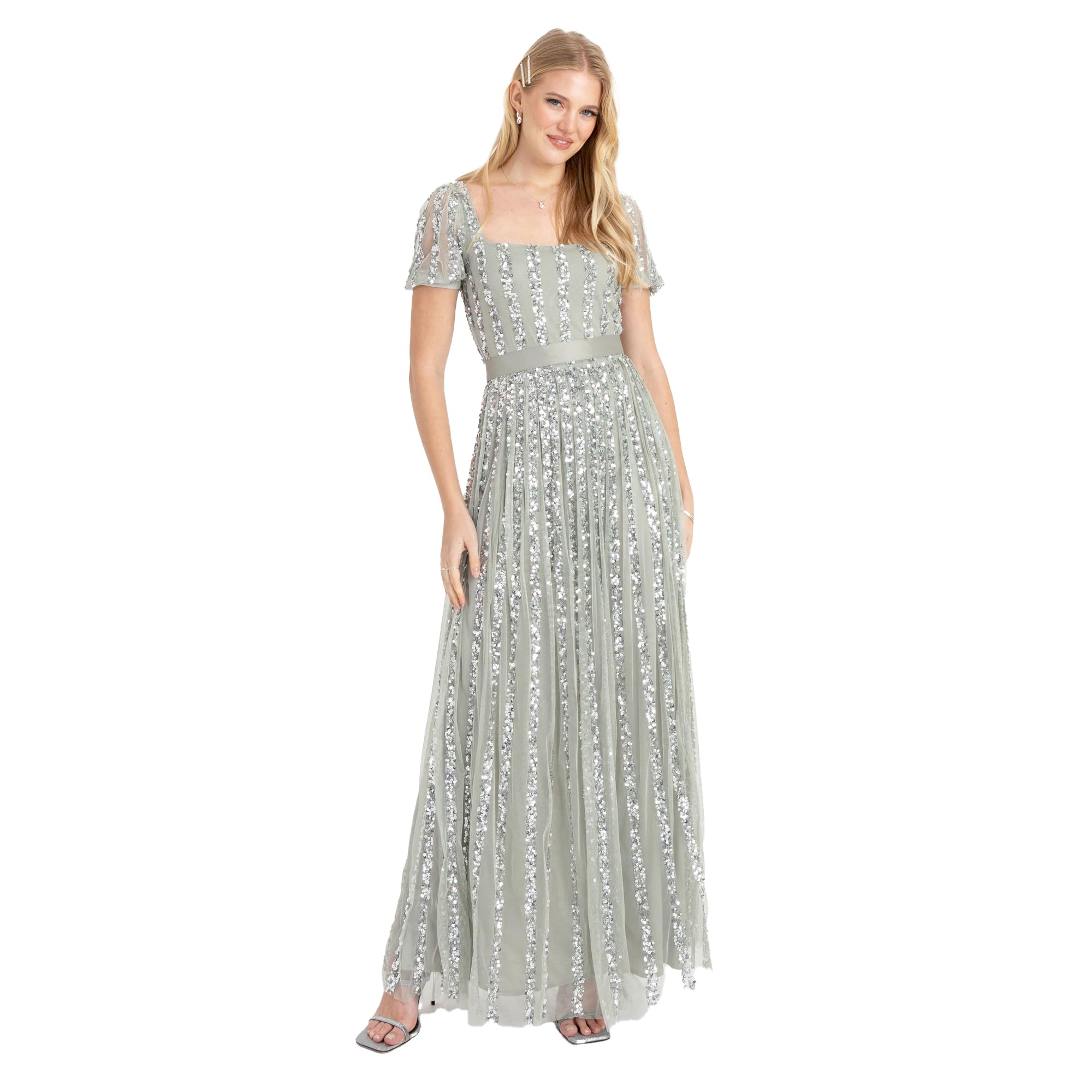 Maya Deluxe Damska sukienka maxi, sukienka na imprezę, kwadratowa sukienka z dekoltem w kształcie litery A Cut Evening Gown for Wedding Guest Black sukienka, czarna, czarny, 40