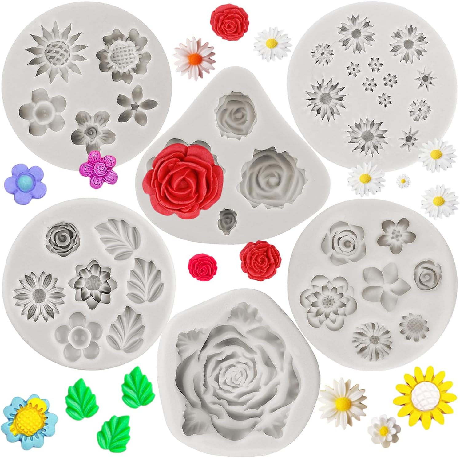 Sijiangmold Silicone Molds Fondant Rose Sunflower Daisy Chrysanthemum Mini Flowers Candy Silicone Molds for Cake Decorating Cupcake Toppers Chocolate Polymer Clay