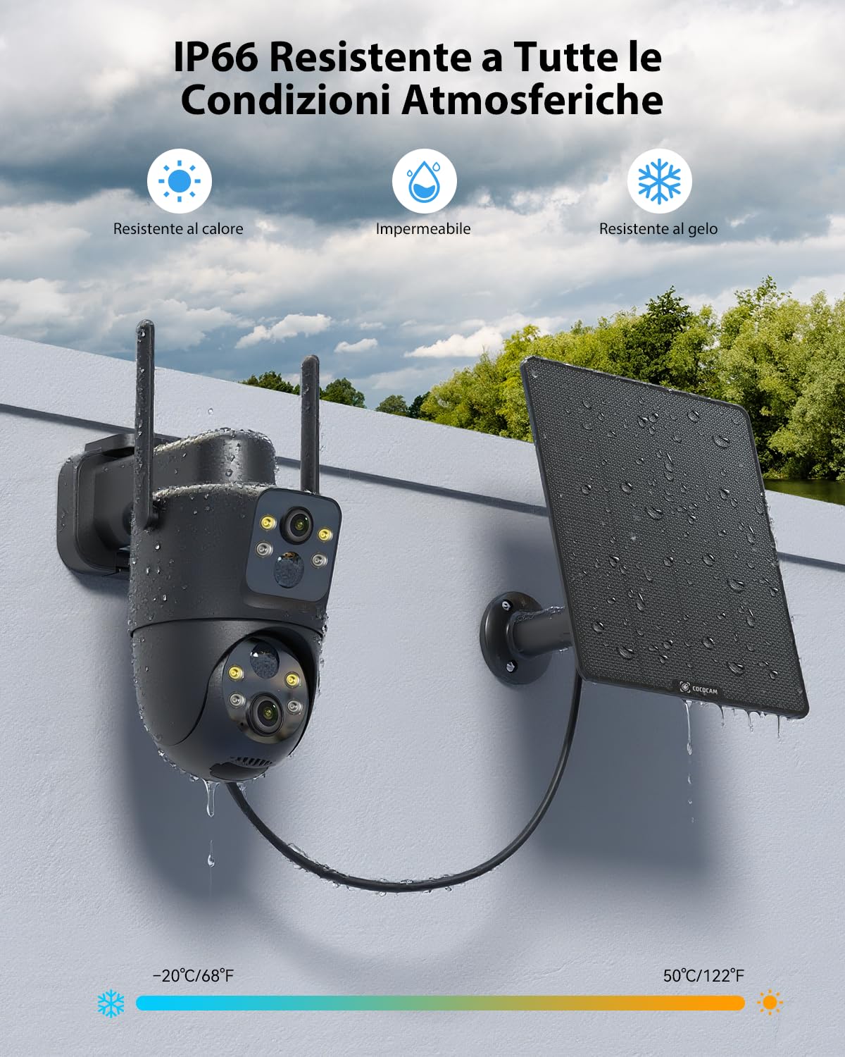 COCOCAM 2K Doppio Obiettivo Telecamera Wi-Fi Esterno Senza Fili | 6W Pannello Solare, Batteria 10000mAh, Doppio PIR e Rilevamento Umano AI, Visione Notturna Colori, 355°P 90°T, WiFi 2.4G