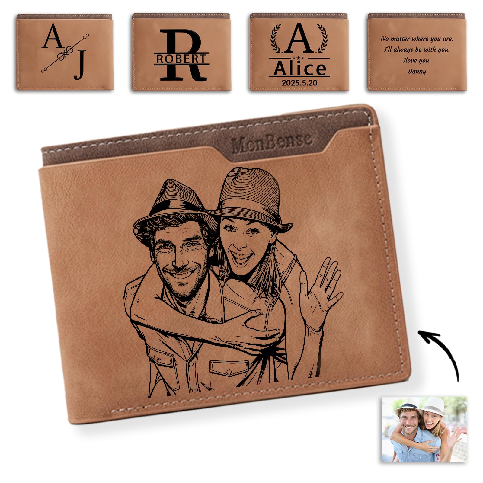 JONZIN Custom Photo Wallet for Men – Personalized Engraved Picture & Initial Name, Classic Bifold Wallet, Birthday Gifts for Boyfriend Husband