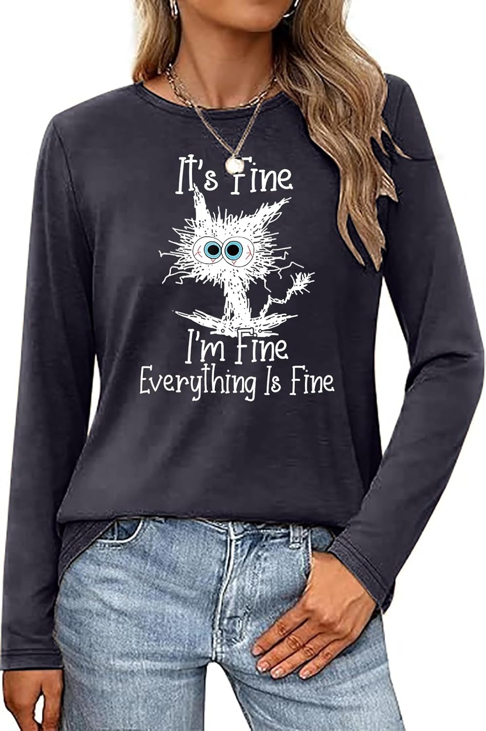 It's Fine I'm Fine Everything is Fine Funny Cat Printed T-Shirt for Women Long Sleeve