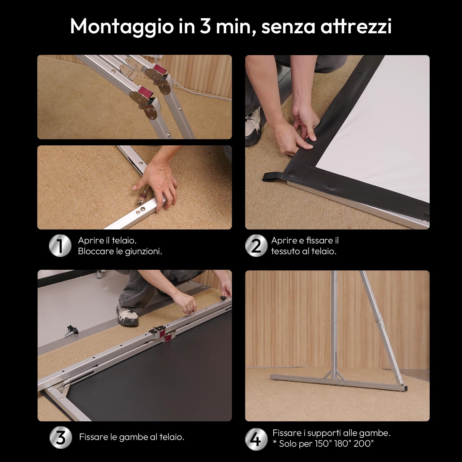 Schermo per Proiettore da Esterno con Treppiede, Portatile e Pieghevole, 4K UHD 16:9, Telaio in Alluminio, Gain 1.3, per Campeggio, Giardino e Home Cinema, 100 Pollici
