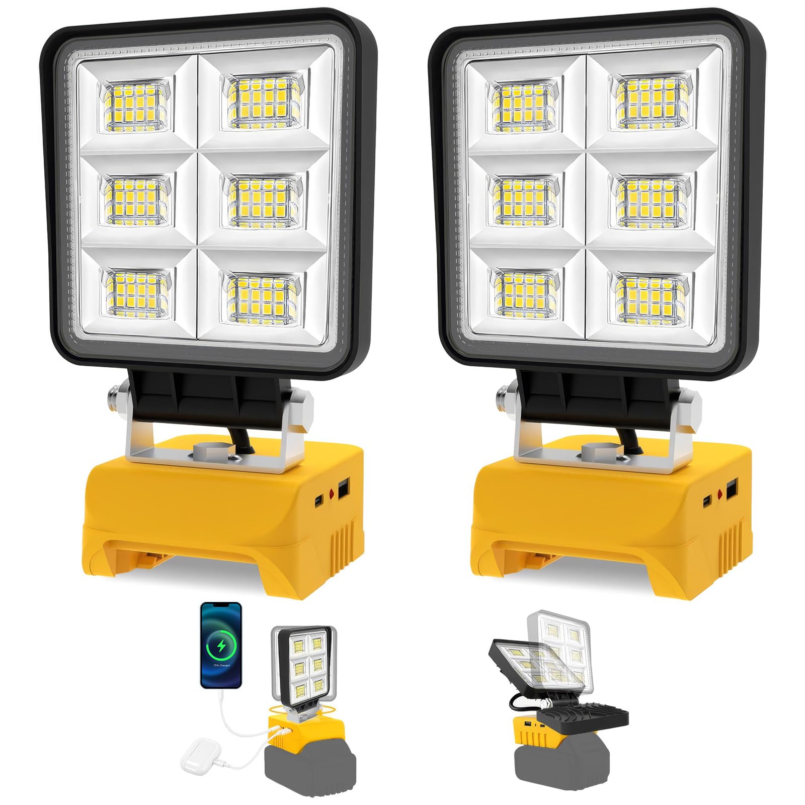 Luces LED Trabajo Compatible con Dewalt Batería 18V, T-SUNUS Lámparas de Trabajo Portátiles, 48W Foco LED Recargable 2 Brillos, para Jardines Camping Pesca Garajes Emergencia, 2 Piezas (Sin Batería)
