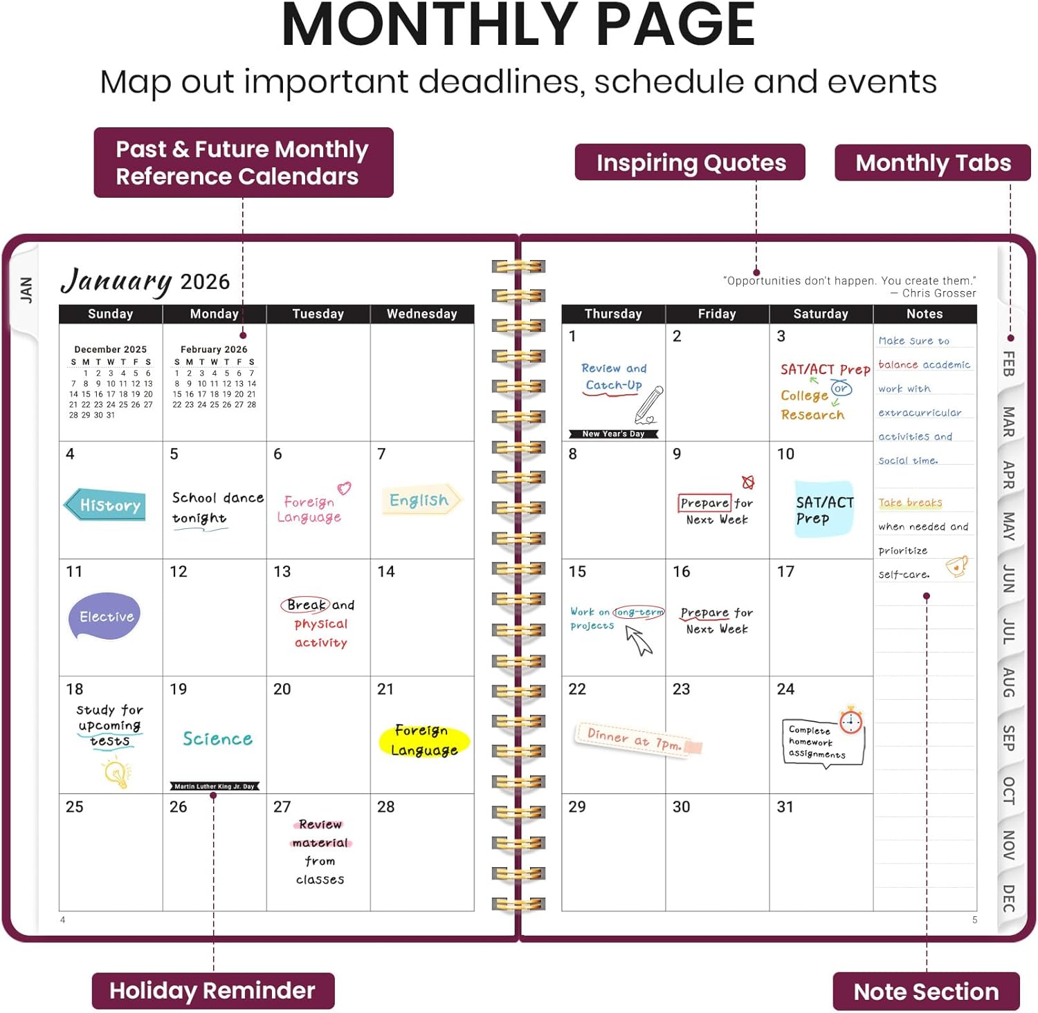 2026 Planner, Weekly and Monthly Calendar Planner, January 2026 - December 2026, Hardcover 2026 Calendar Book with Tabs For Women & Men, Inner Pocket, Spiral Bound, Perfect for Office Home School Supplies - A4 (8.5" x 11"), Crabberry Red - Image 2