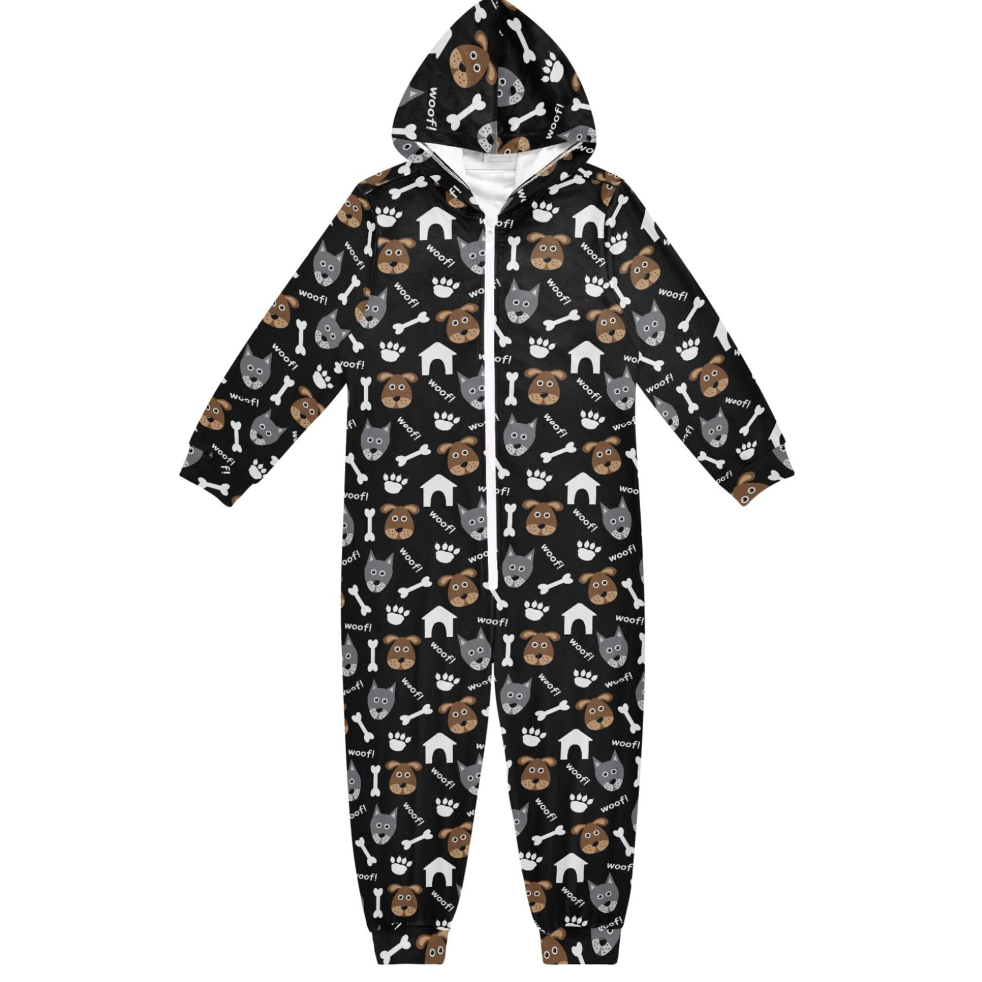 Pigiama intero in flanella con cappuccio e cerniera, tuta coordinata per bambini con cani e ossa, morbida e calda, abbigliamento sportivo per la casa, 5-6T