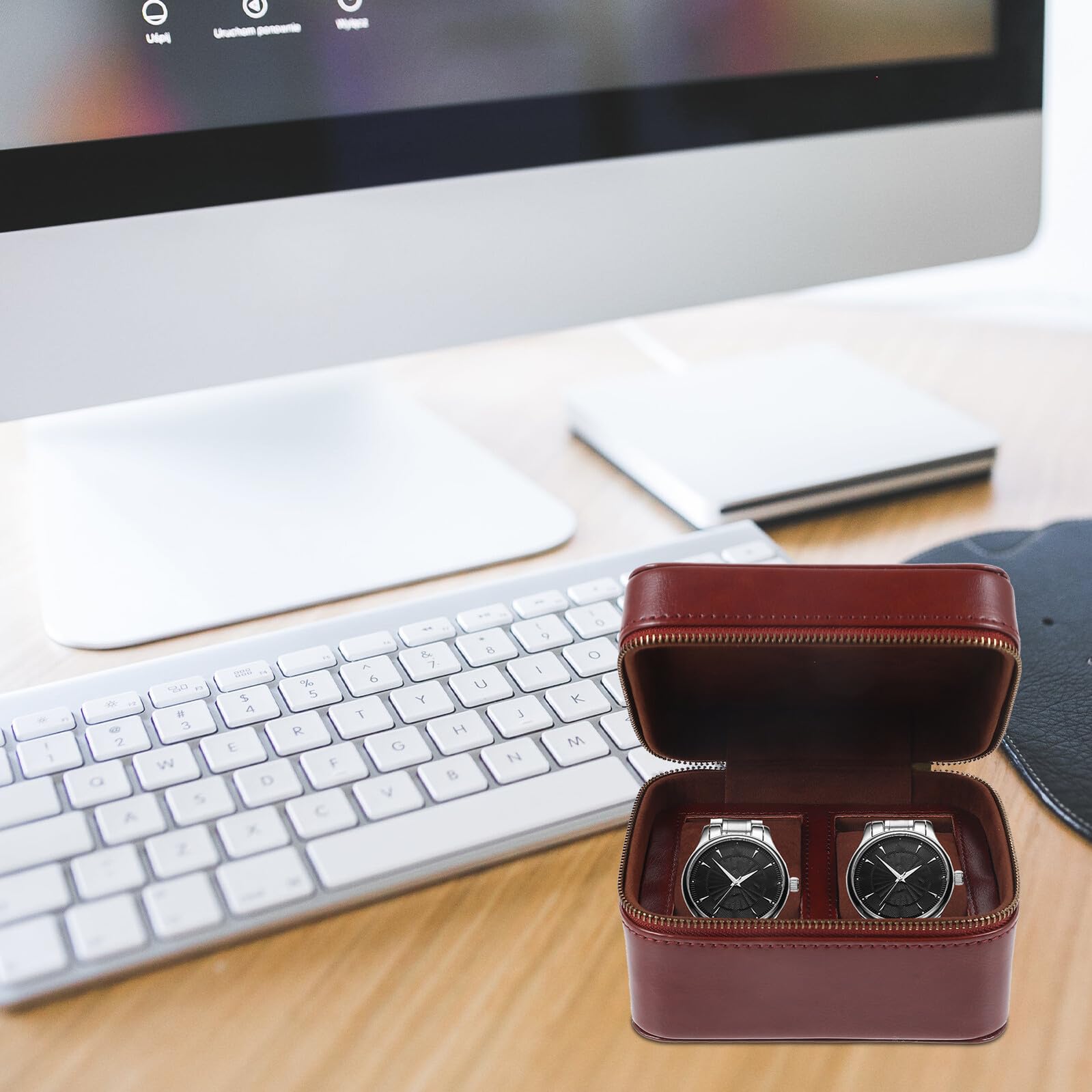 Scatola organizer per orologi in pelle con doppio scomparto, custodia portatile in pelle scamosciata e PU per orologi da uomo, cuciture precise, design elegante per viaggi di lavoro e uso quotidiano